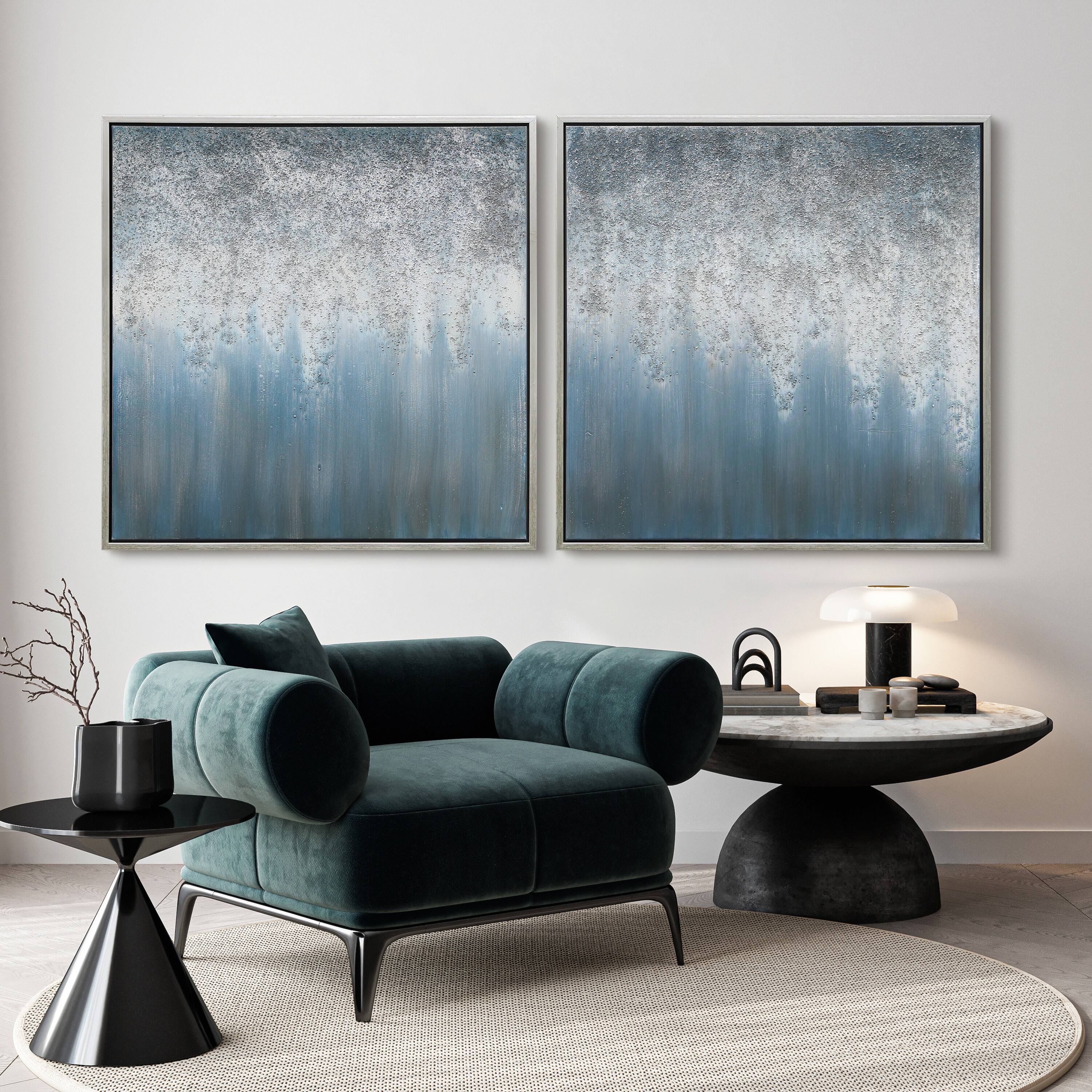 Empire Art Direct 36" x 36" Blue Rain Textured Metallic Glitter Hand Painted Canvas Wall Art Set