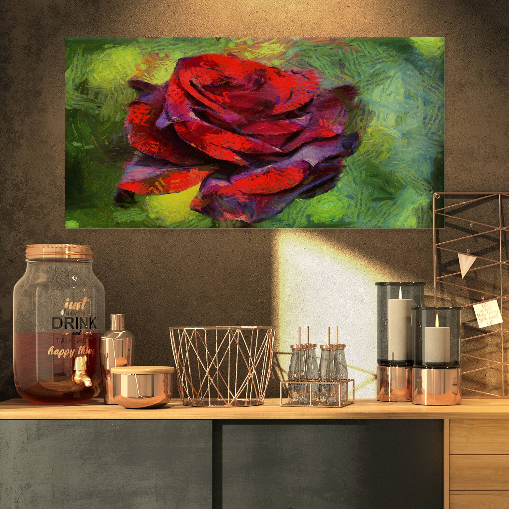 Designart - Red Rose on Green - Floral Canvas Art Print