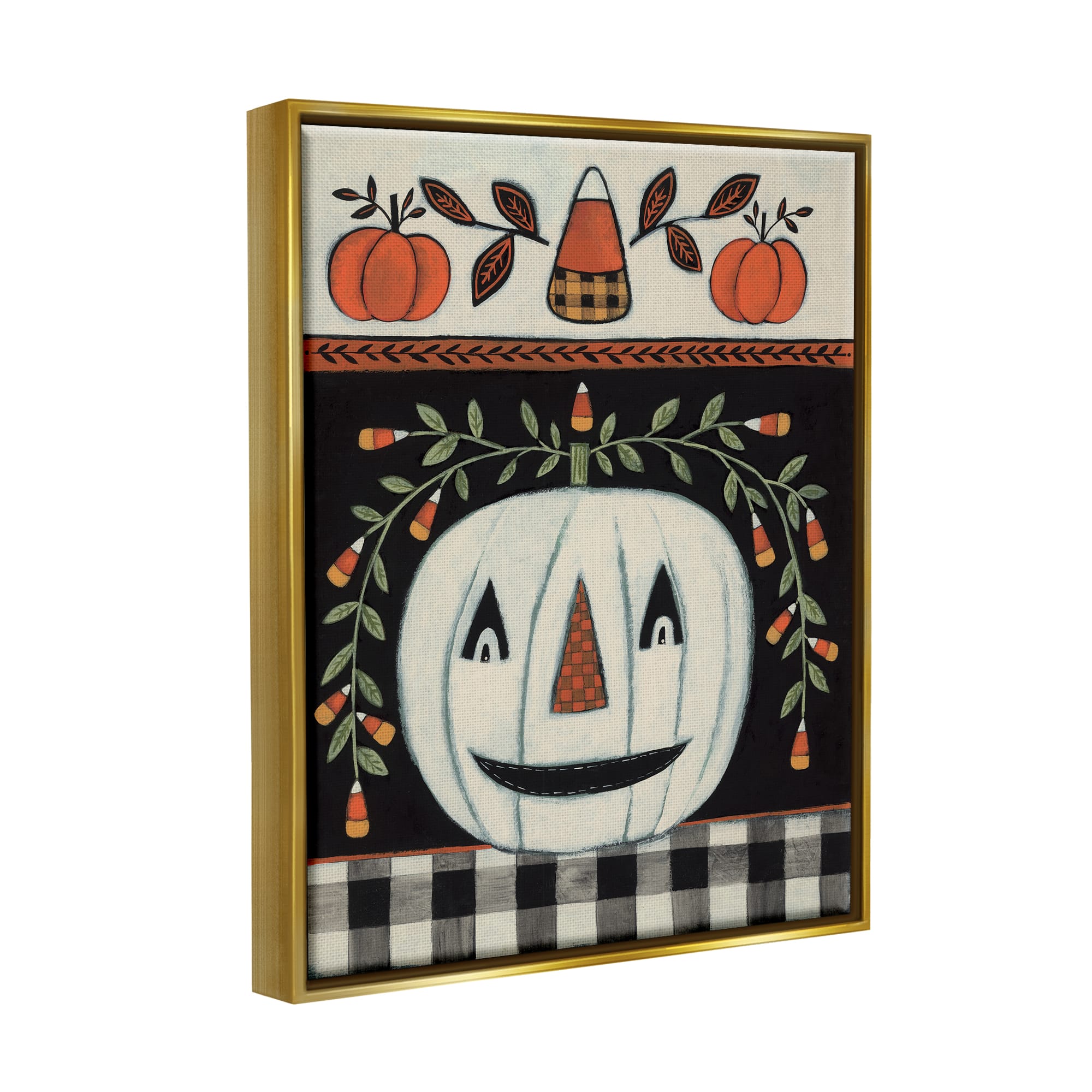 Stupell Industries Fall Jack-o-Lantern Tartan Pattern Framed Floater Canvas Wall Art