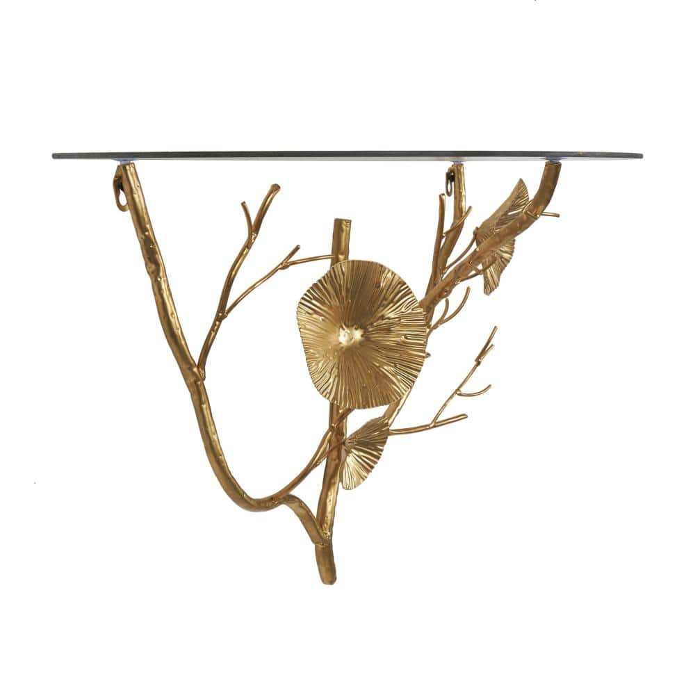24" x 16" Gold Metal Branch Floral Wall Shelf with Glass Top