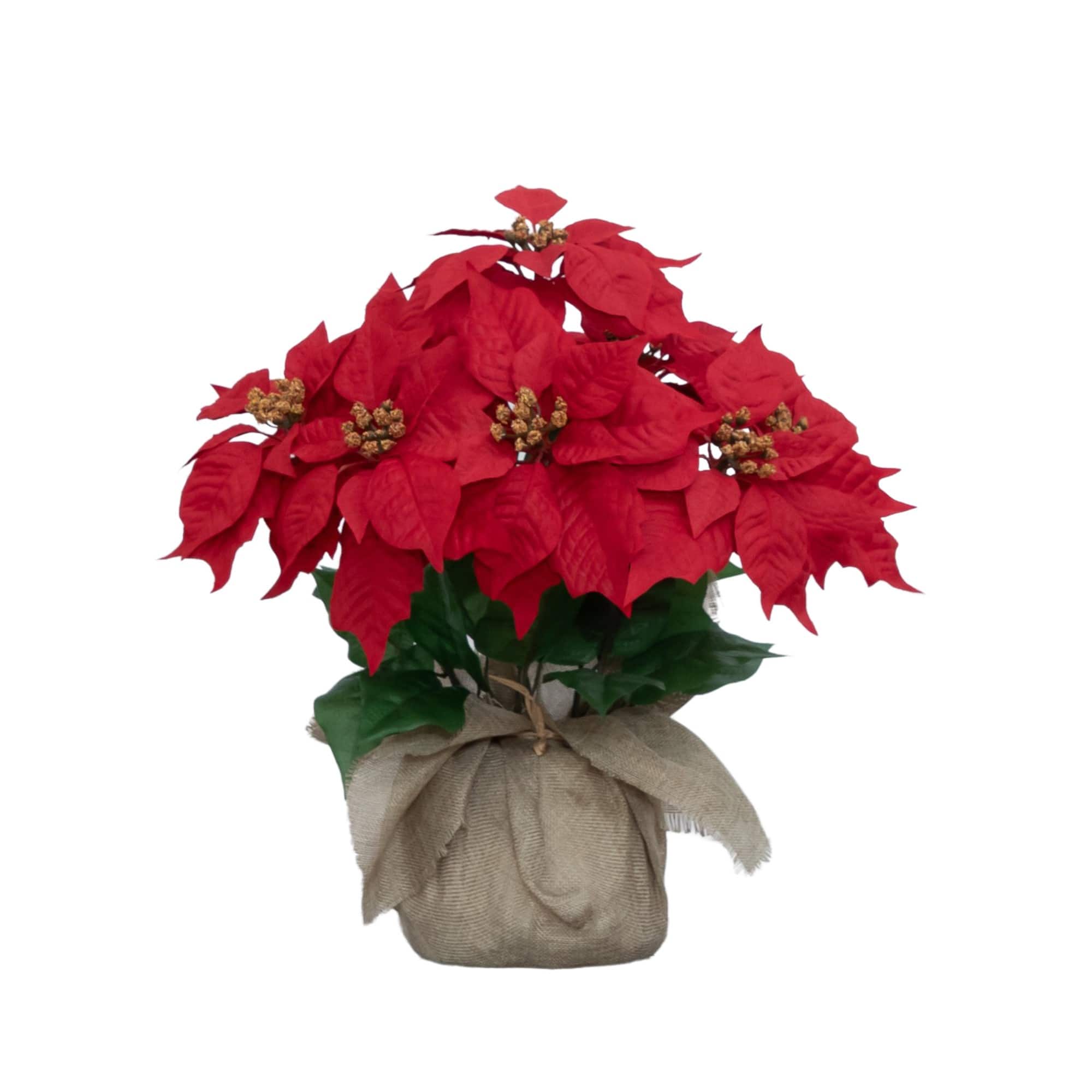 Nearly Natural 16.5" Artificial Poinsettia Arrangement in Burlap Planter