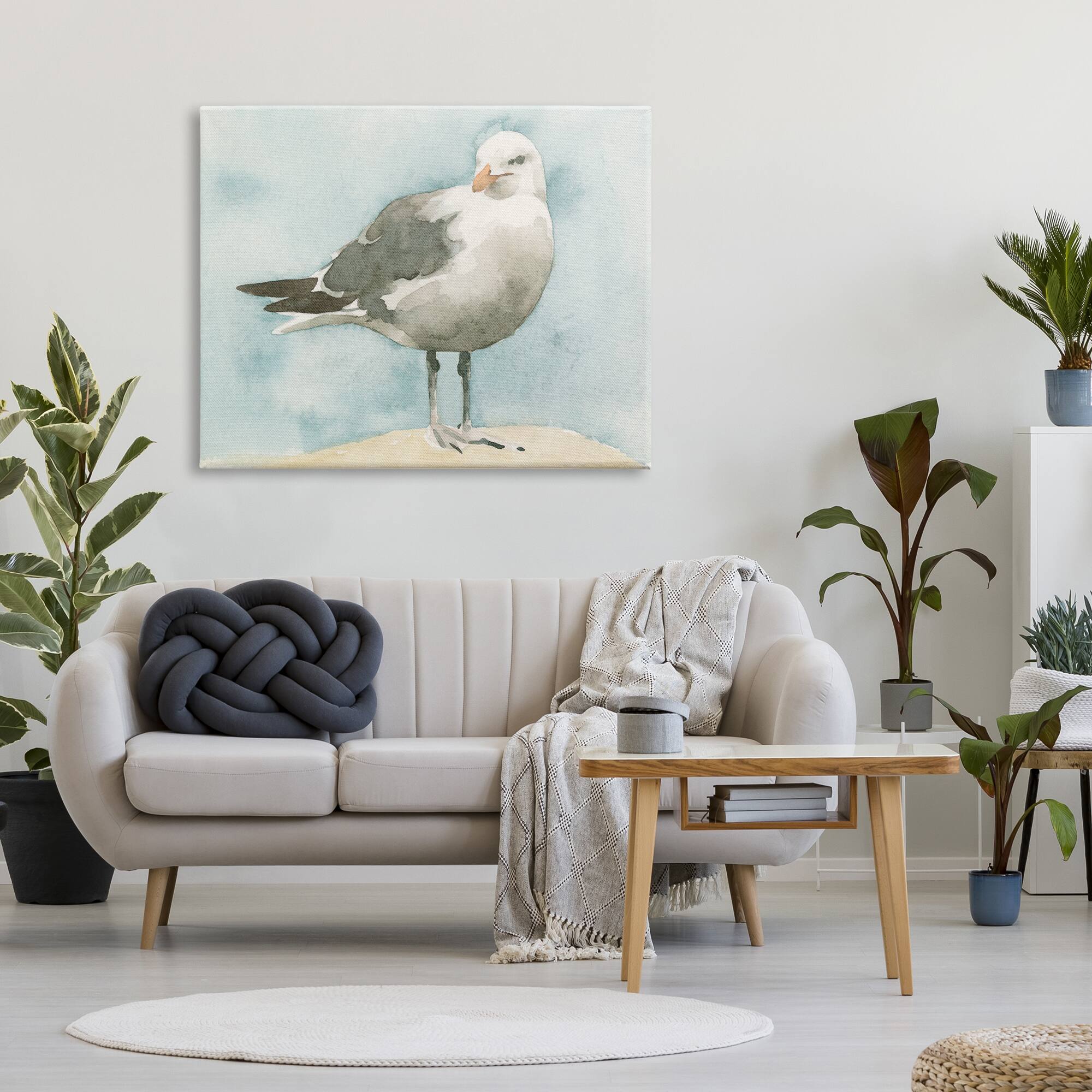 Stupell Industries Soft Focus Seagull On Waterfront Beige Blue Canvas Wall Art
