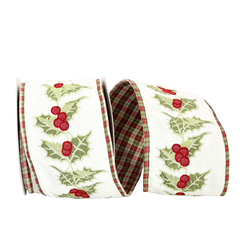 JAM Paper 4" x 10yd. Multicolored Embroidery Holly Plaid Wired Ribbon