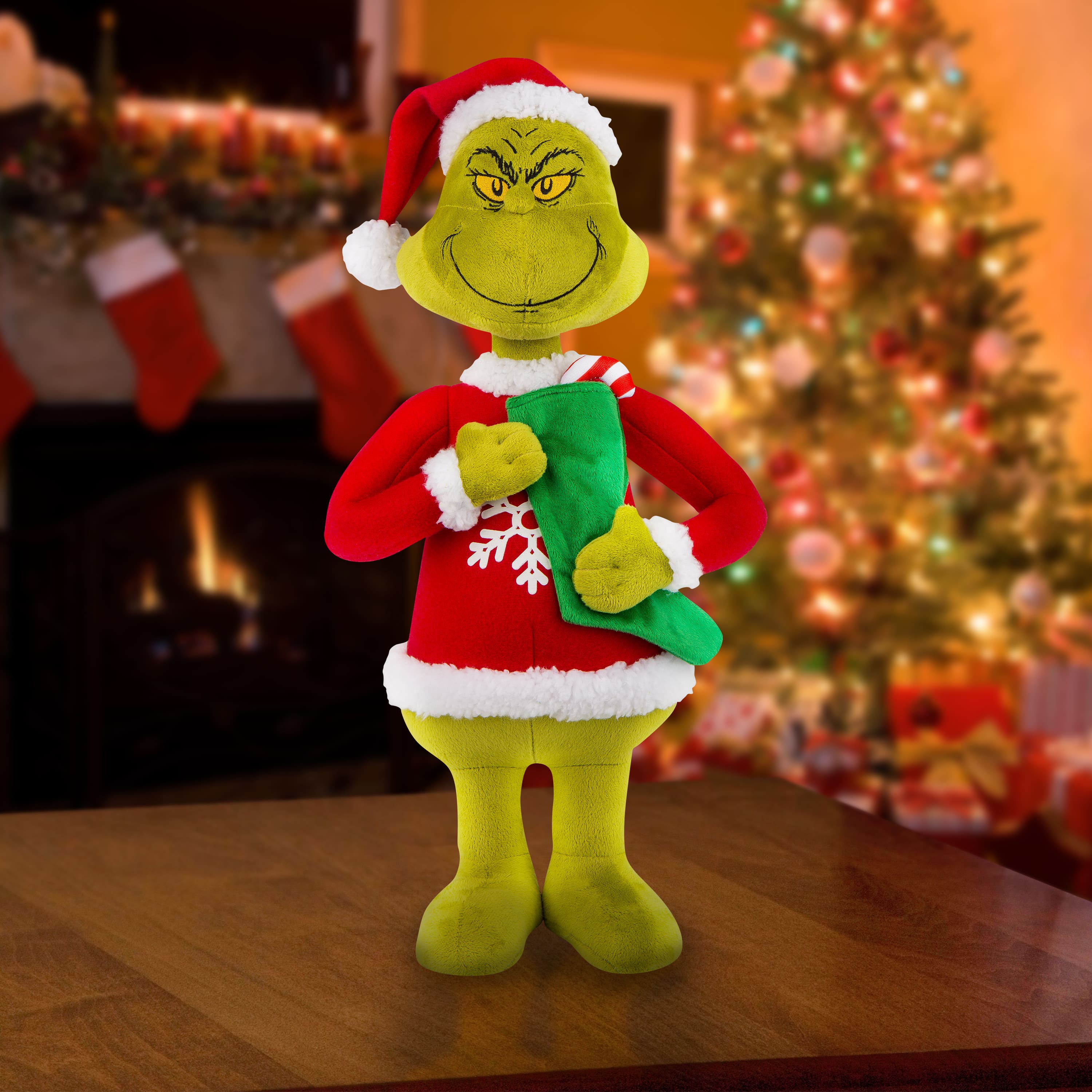18" Grinch Holiday Greeter Plush in Snowflake Sweater with Green Stocking