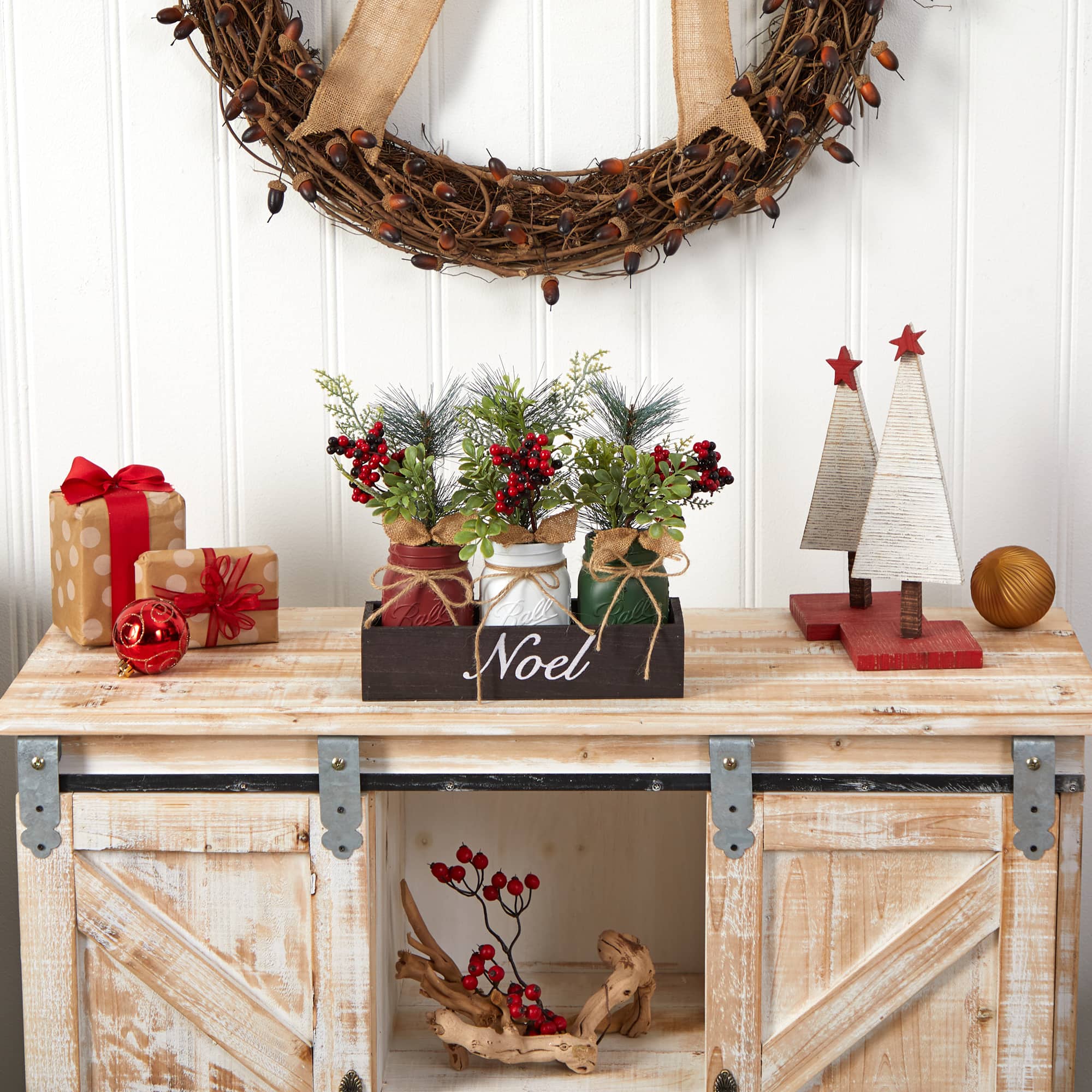 12" Holiday Winter Pine & Berries Mason Jar Arrangement Set