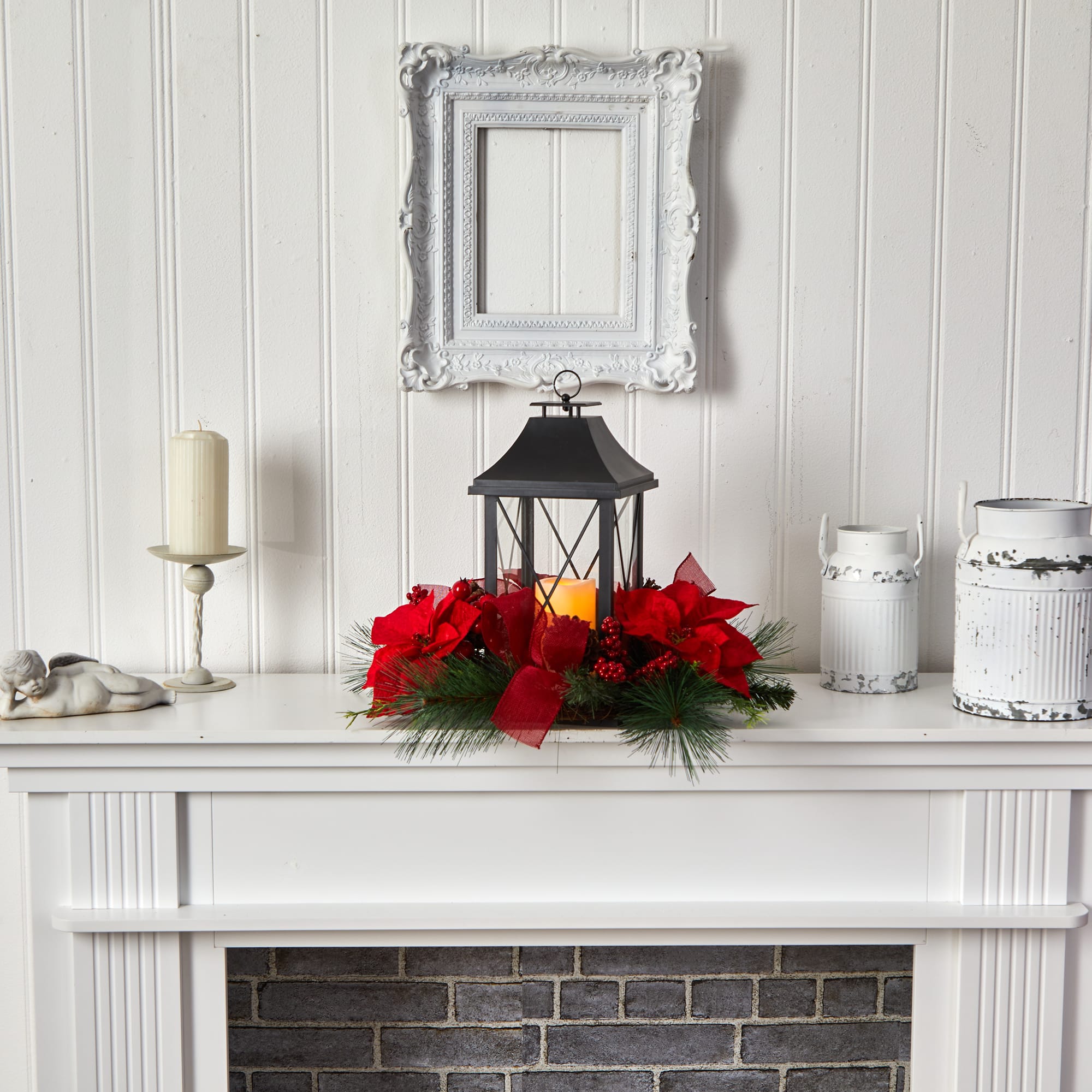15" Red Poinsettia, Pinecone & Greenery Lantern with LED Candle Artificial Christmas Arrangement
