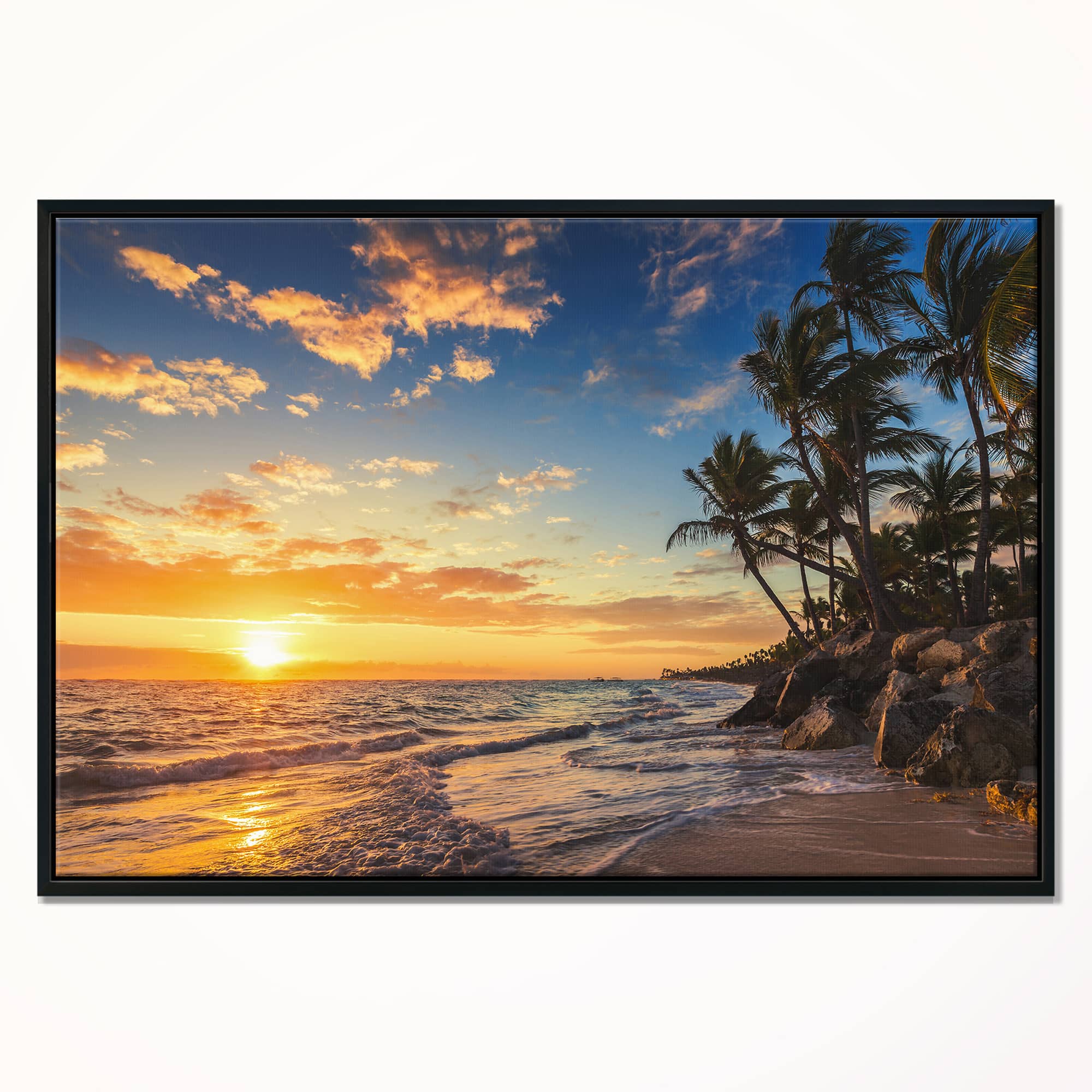 Designart - Paradise Tropical Island Beach with Palms - Extra Large Seascape Art Framed Canvas