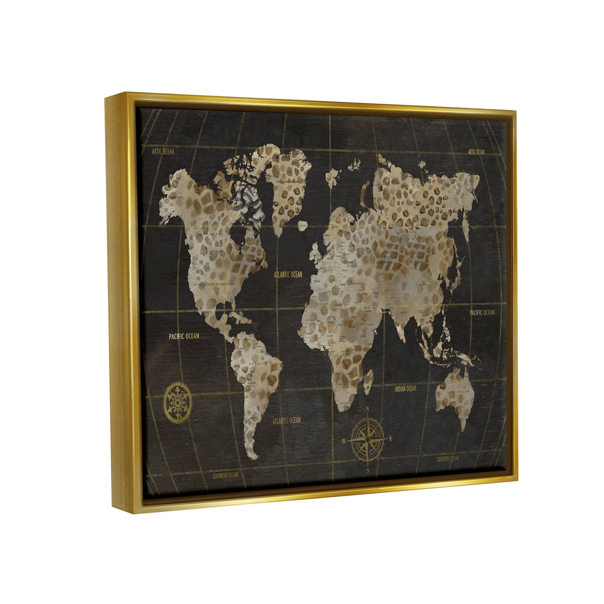 Stupell Industries Giraffe Animal Pattern Atlas Map Compass Framed Floater Canvas Wall Art