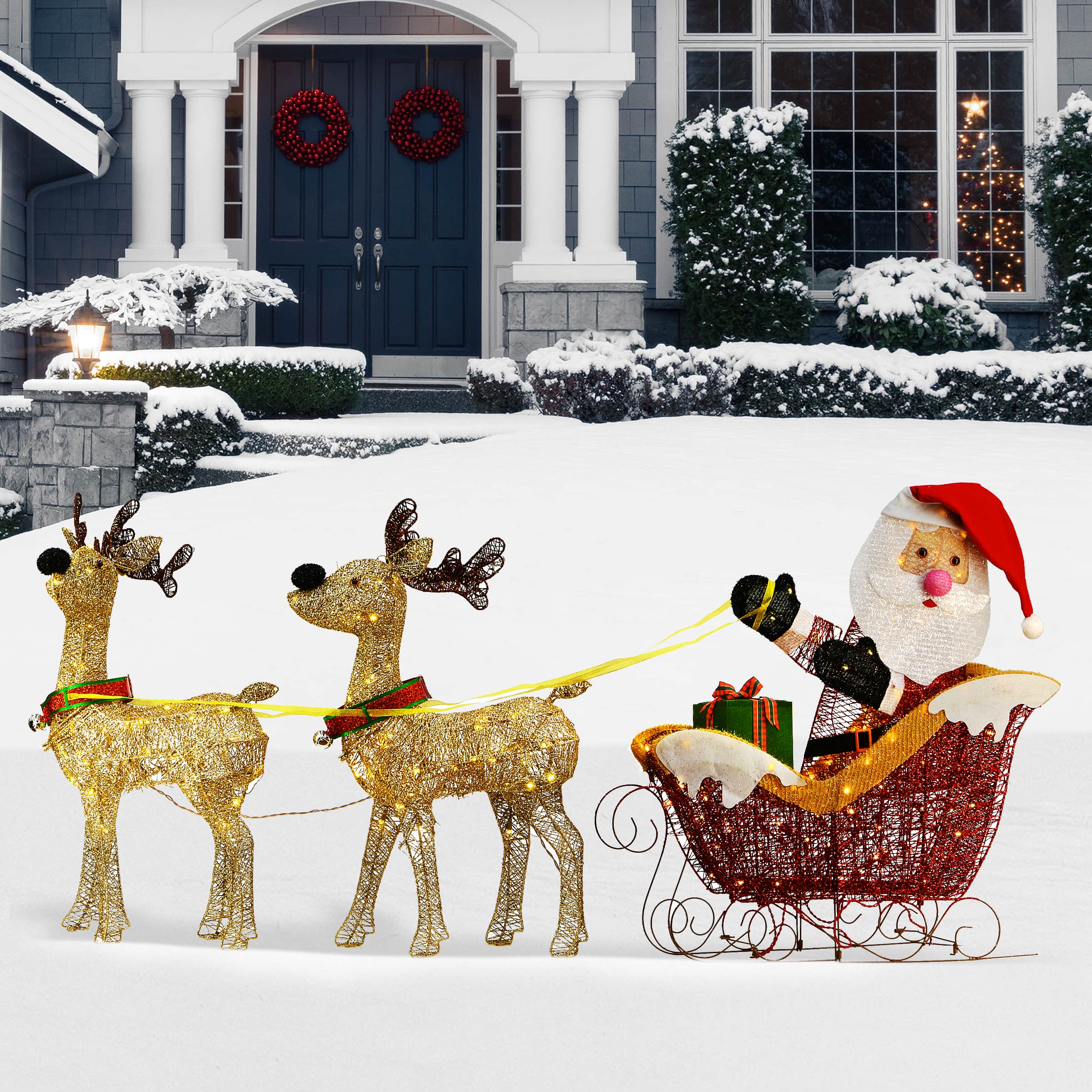 34" Santa & Reindeer Pulling Sleigh, Clear Lights