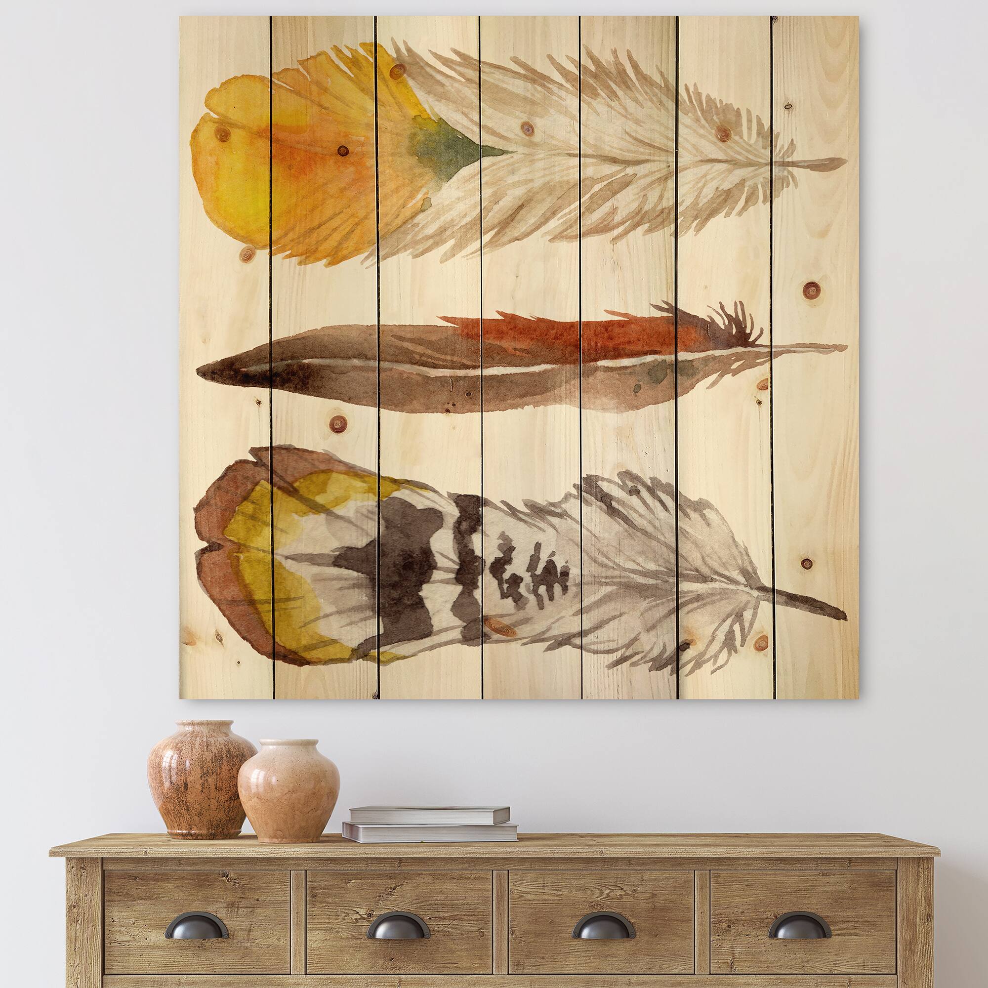 Designart - Ethnic Yellow Feather From Wing - Bohemian & Eclectic Print on Natural Pine Wood