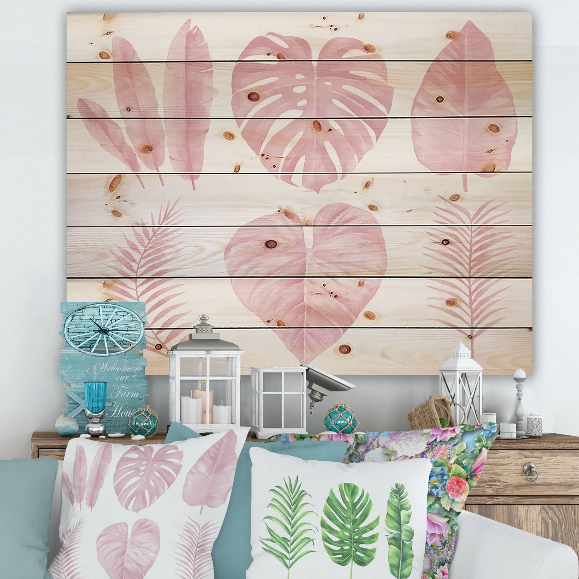 Designart - Tropical Pink Watercolour Leaves I - Shabby Chic Print on Natural Pine Wood