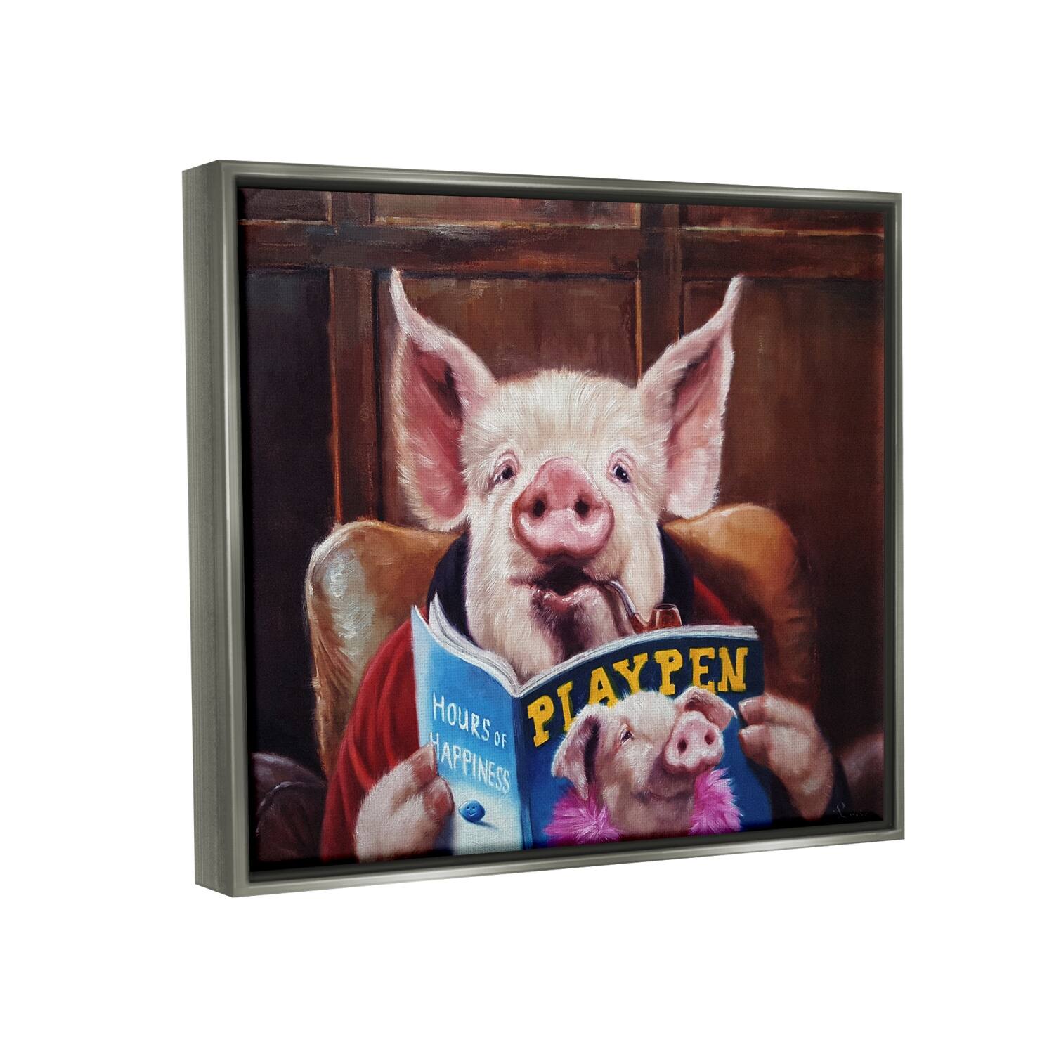 Stupell Industries Funny Pig Magazine Man Cave Floater Framed Art