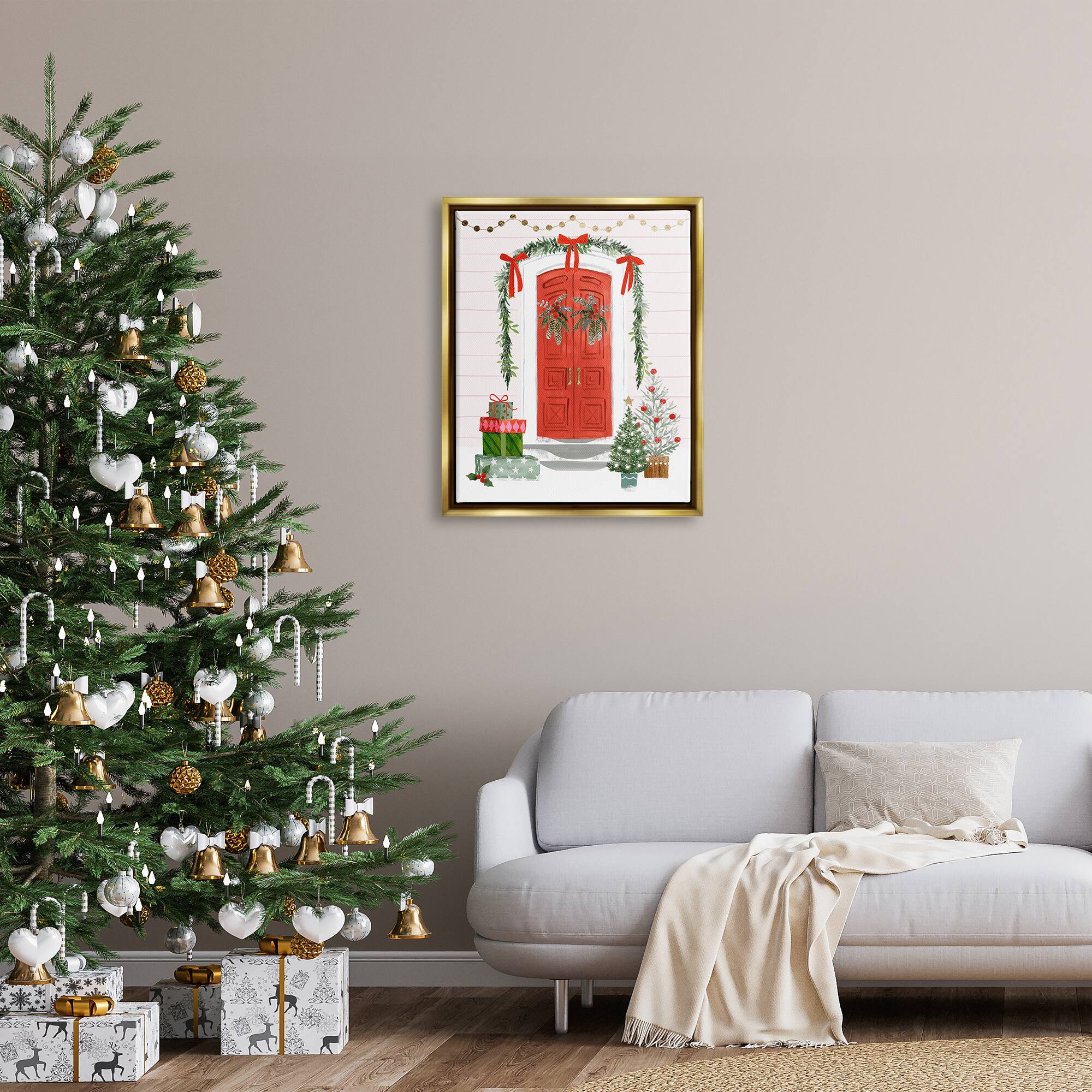 Stupell Industries Red Jolly Christmas Doorway Gold Framed Floater Canvas Wall Art