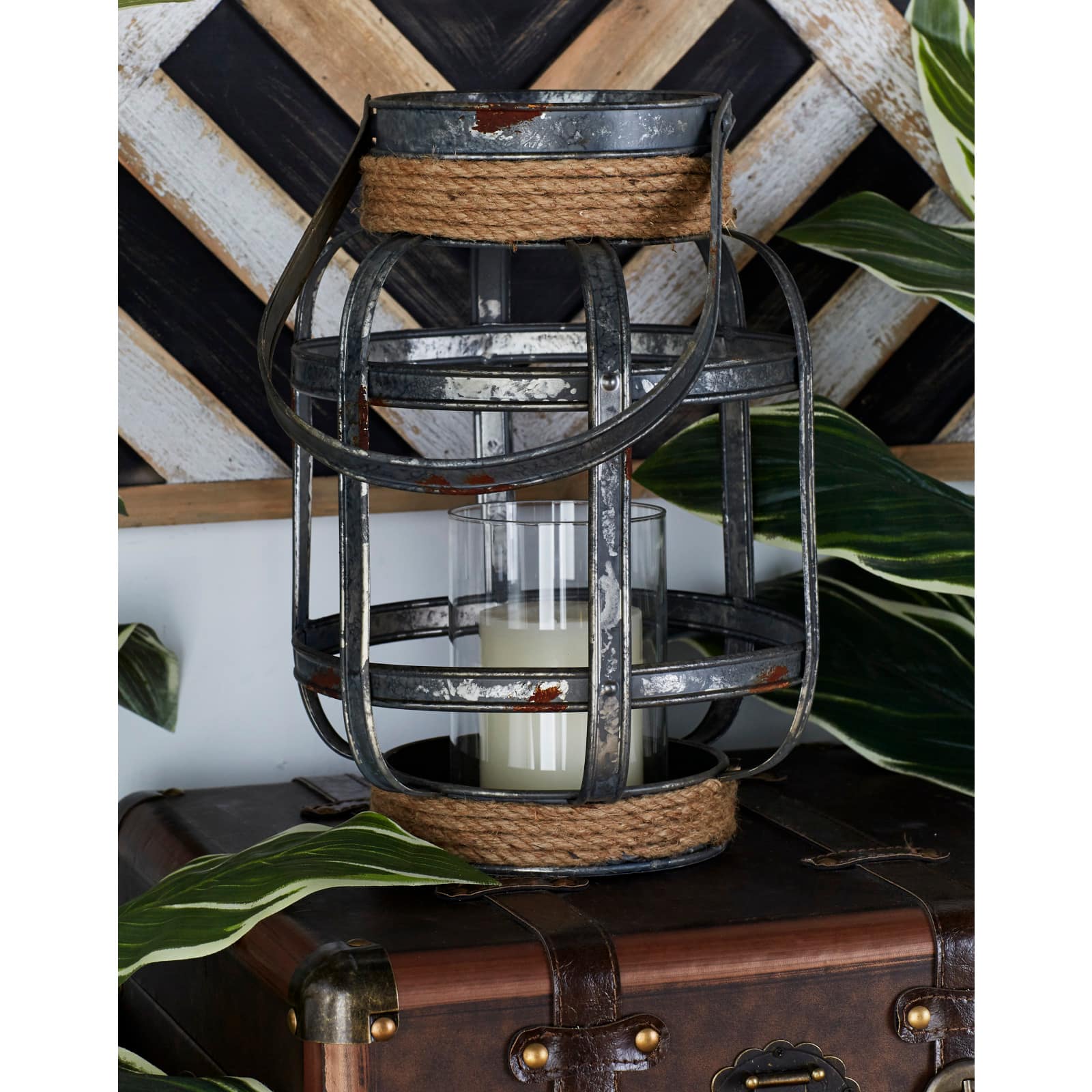 Grey Iron Industrial Candle Holder Lantern, 13" x 10" x 10"