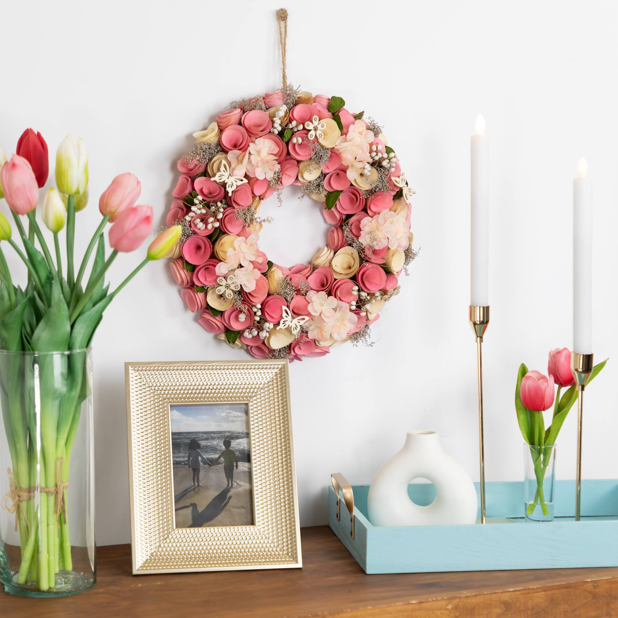 12.5" Pink Wooden Artificial Floral & Berries Spring Wreath