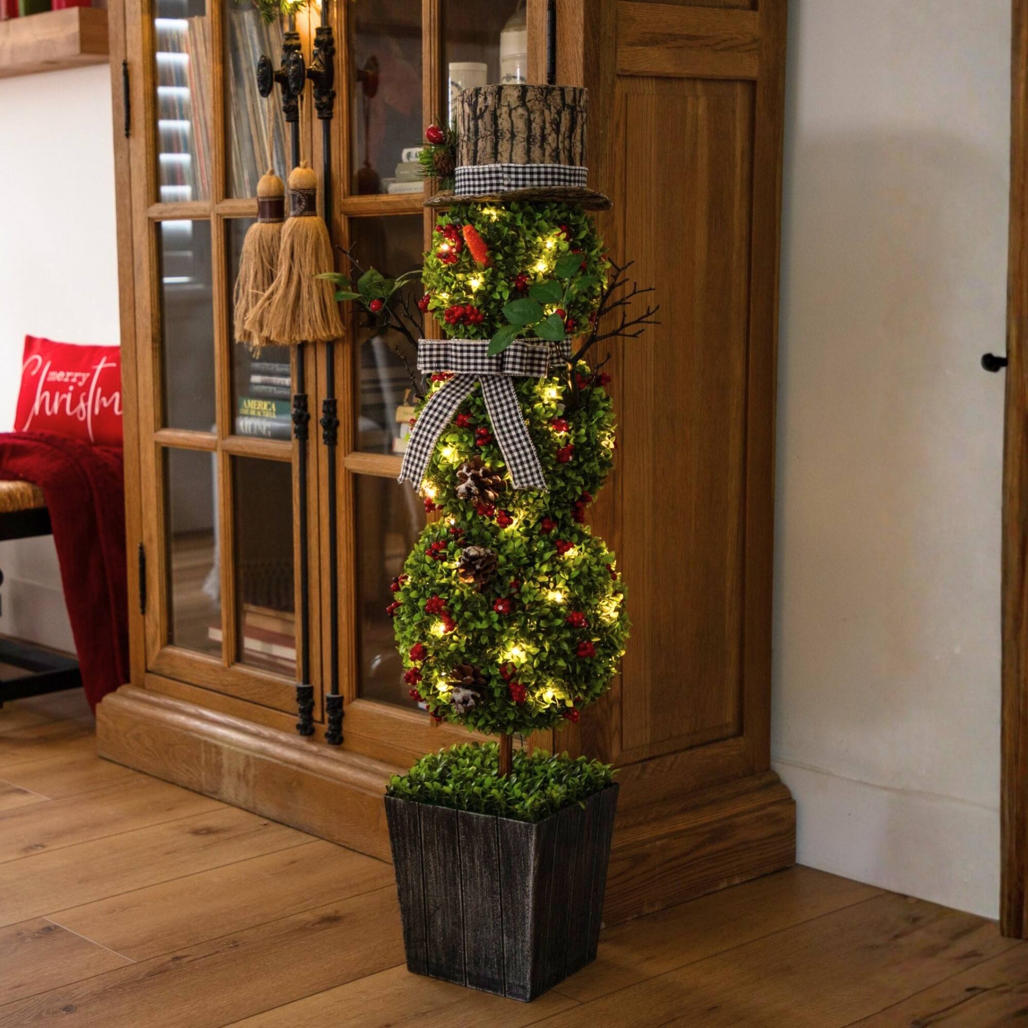 Nearly Natural 3.5ft. Pre-Lit Artificial Christmas Boxwood Snowman Topiary Tree in Decorative Planter
