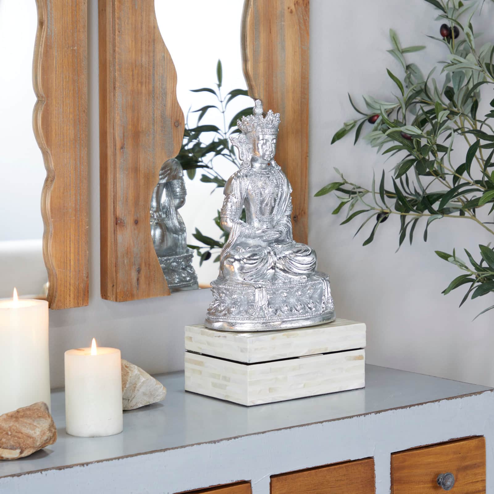 Silver Resin Bohemian Buddha Sculpture, 12" x 8" x 5"