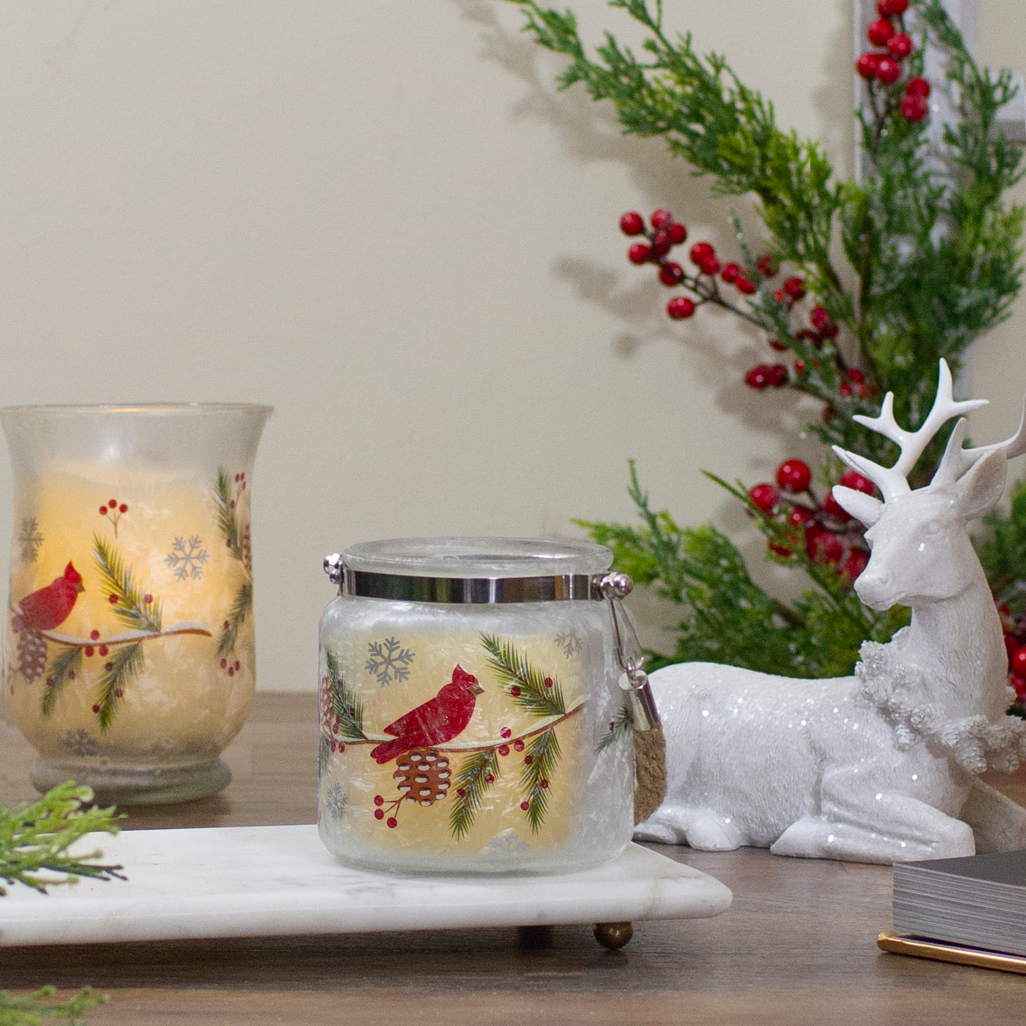 4" Hand Painted Christmas Cardinal & Pine Flameless Glass Christmas Candle Holder