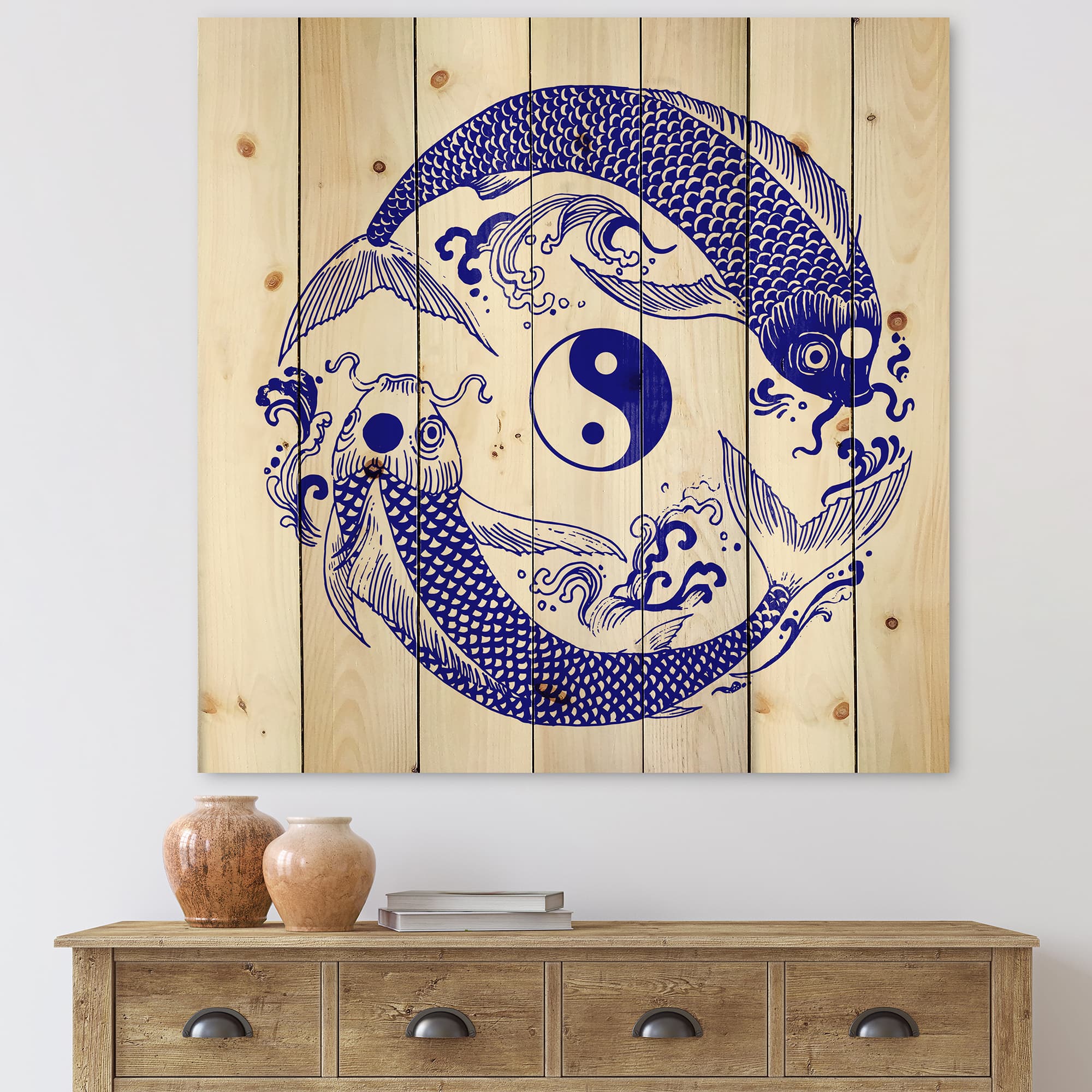 Designart - Chinoiserie Koi Fish II - Traditional Print on Natural Pine Wood