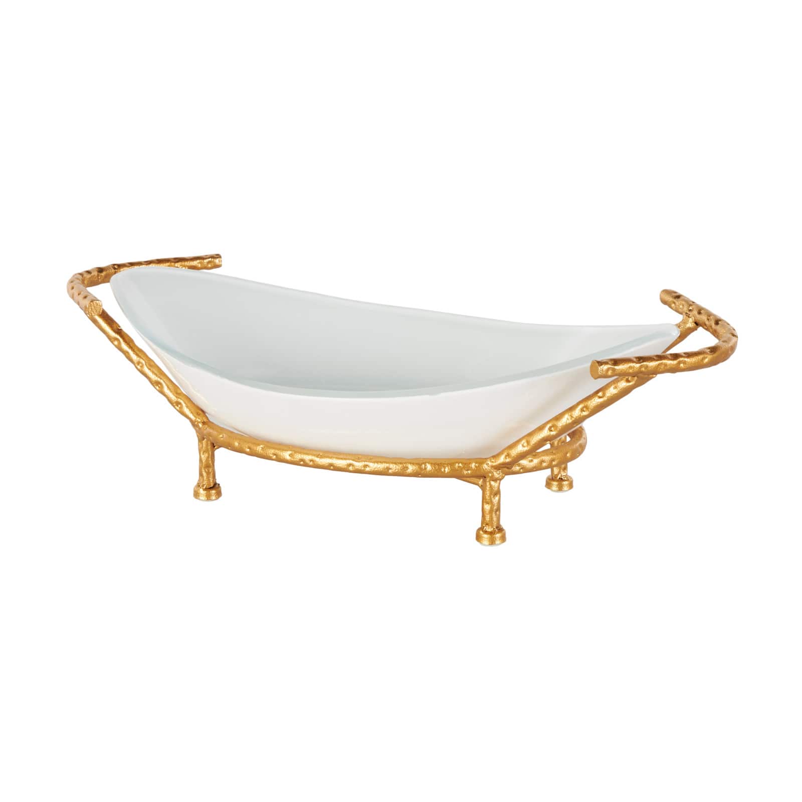 21" x 10" White Tempered Glass Kitchen Serving Bowl with Gold Metal Stand