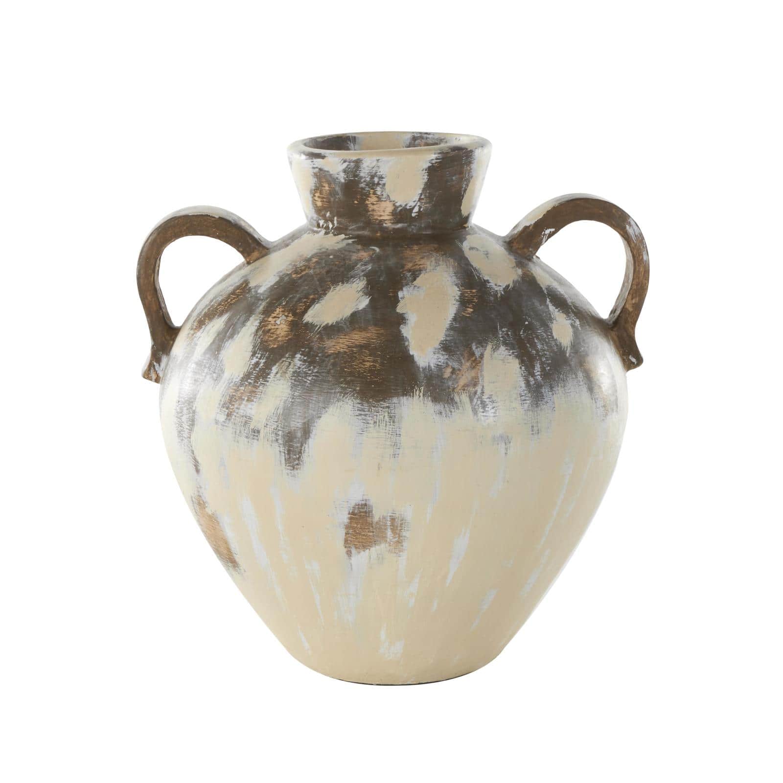 16" Cream Ceramic Antique Style Pot Vase with Arched Handles