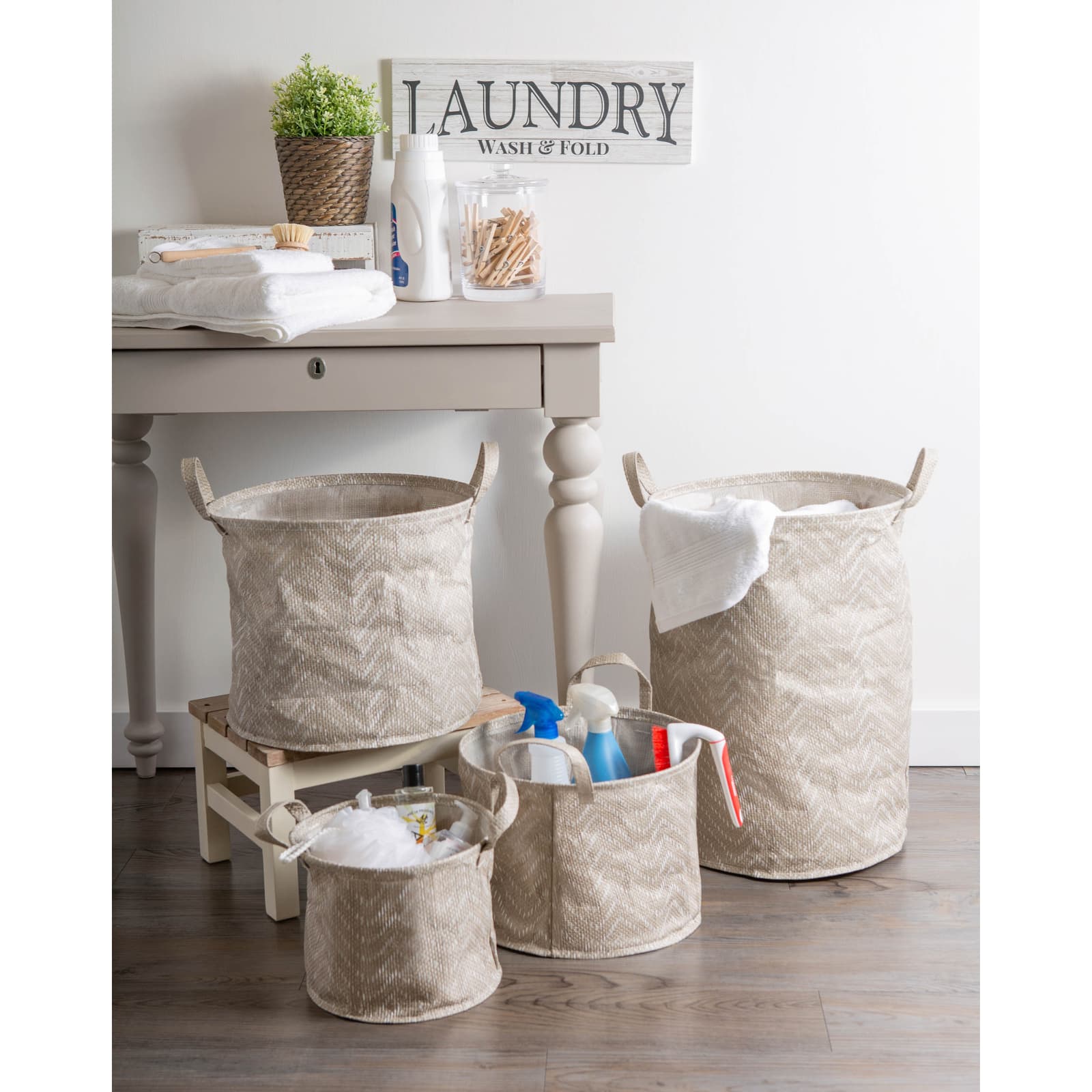 DII® Round Stone & Cream Tribal Chevron PE-Coated Woven Paper Laundry Bin Set