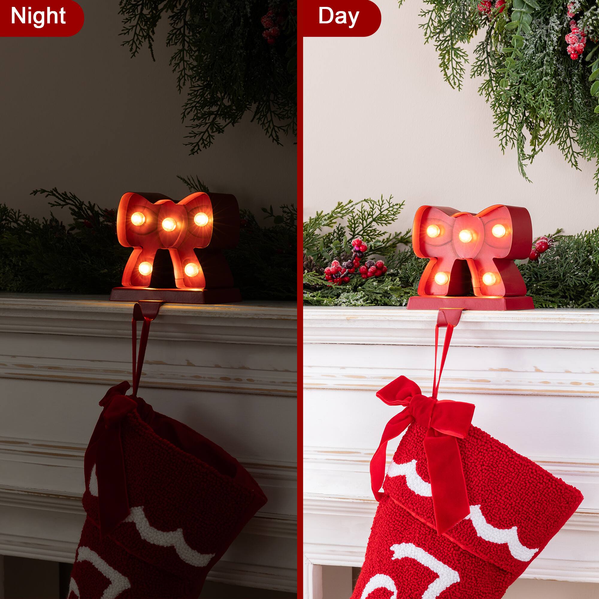 Glitzhome® 5.25" LED Marquee Metal Bow Christmas Stocking Holder