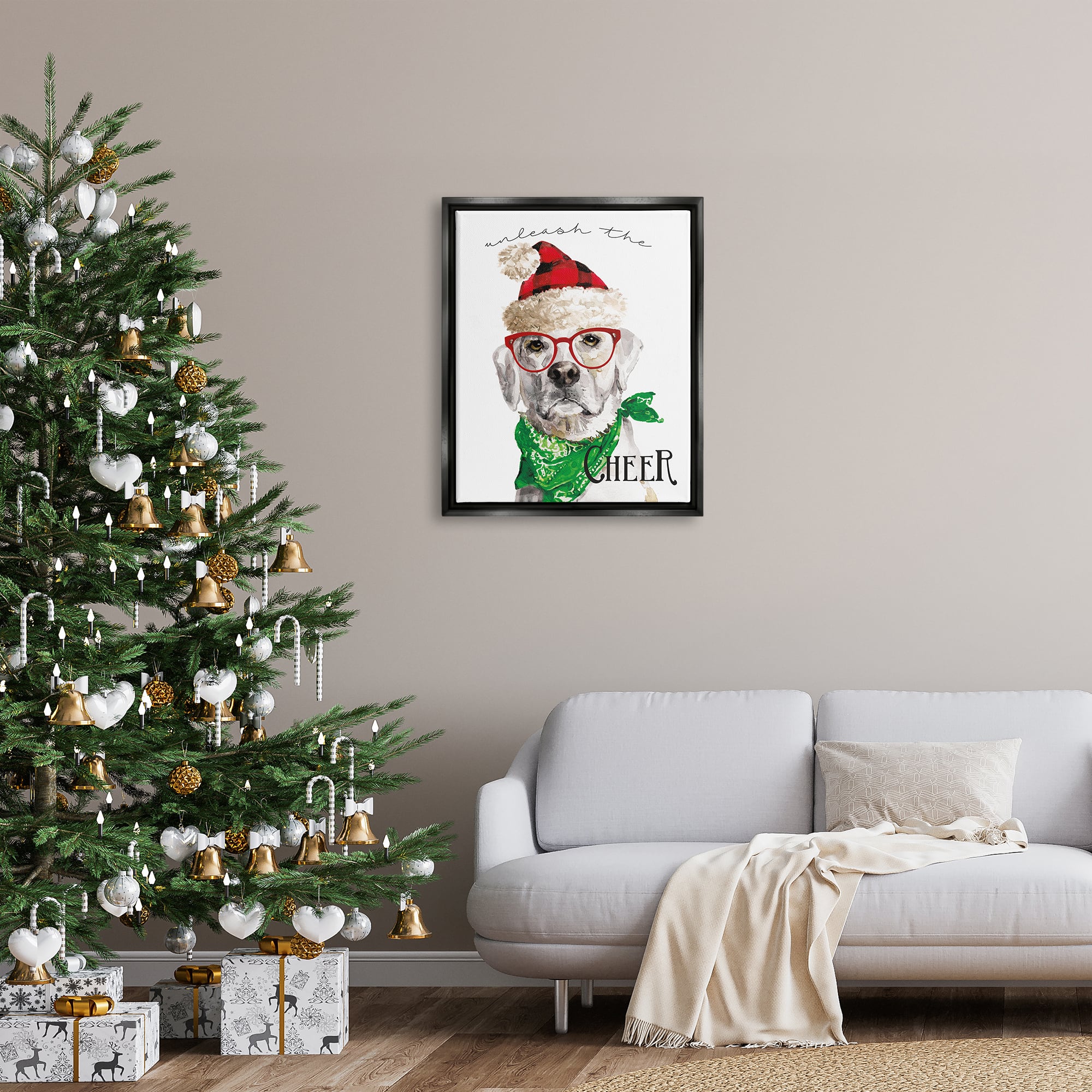 Stupell Industries Unleash The Cheer Holiday Dog Framed Floater Canvas Wall Art