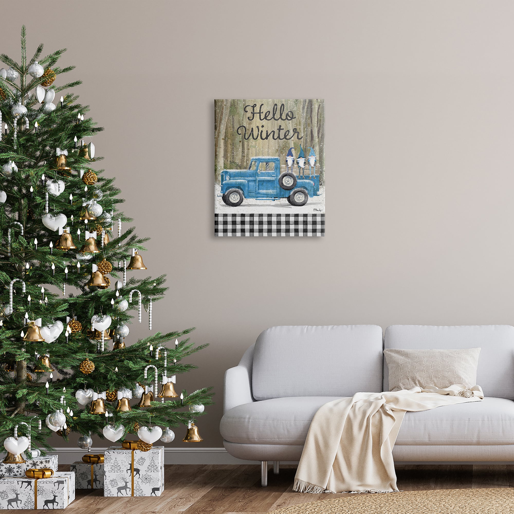 Stupell Industries Hello Winter Plaid Gnomes Canvas Wall Art