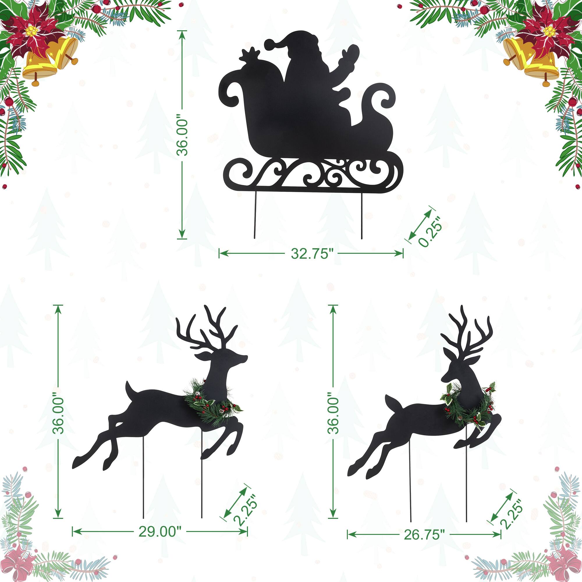 Glitzhome® 36" Set of 3 Christmas Lighted Metal Reindeer & Santa Sleigh Yard Stake with Timer