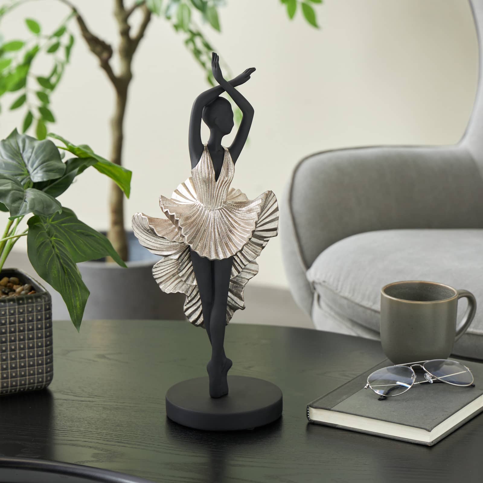 17" Black Polystone Dancer Ballerina Decorative Sculpture with Silver Dress