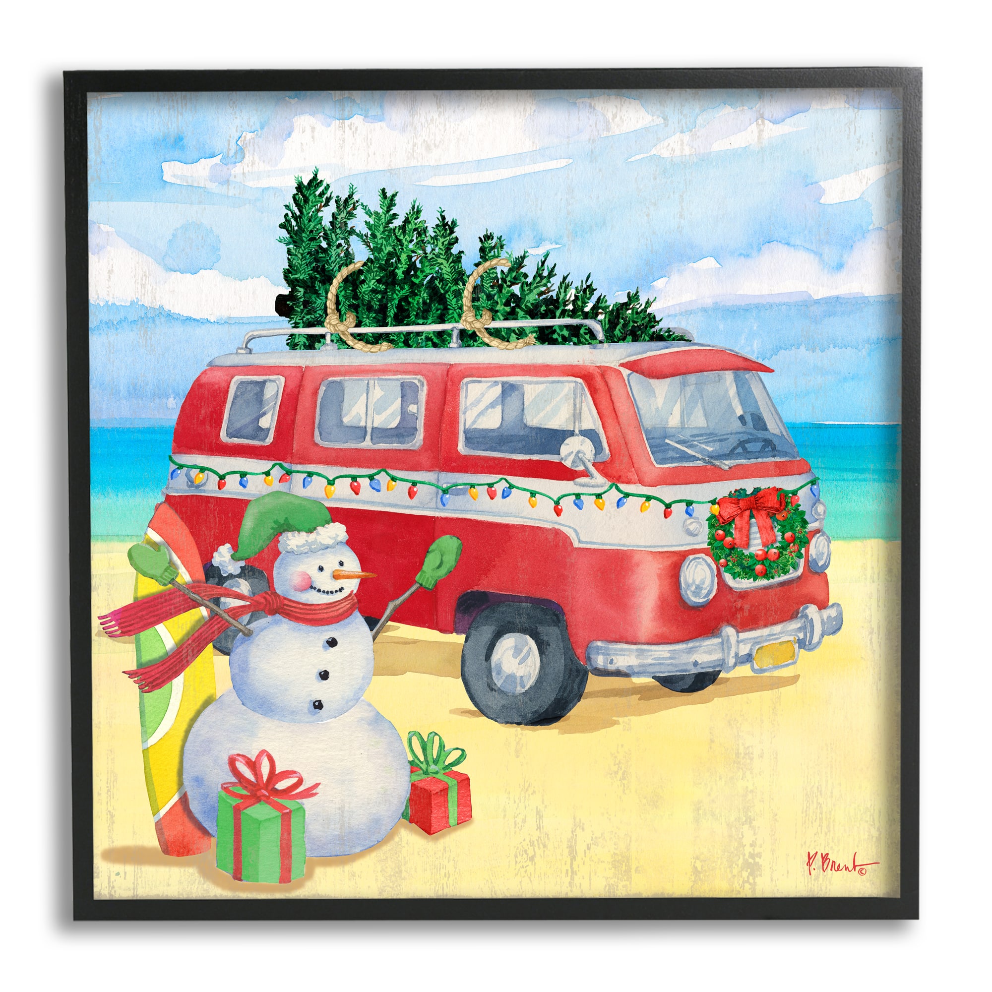 Stupell Industries Christmas Beach Nautical Van Framed Giclee Art