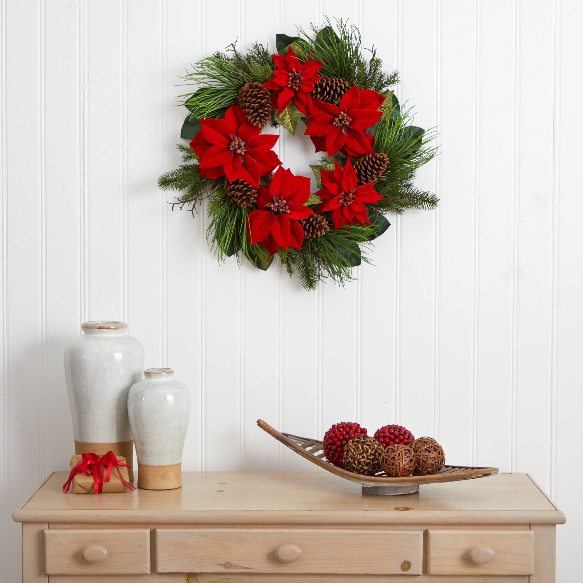 28" Poinsettia & Pine Wreath