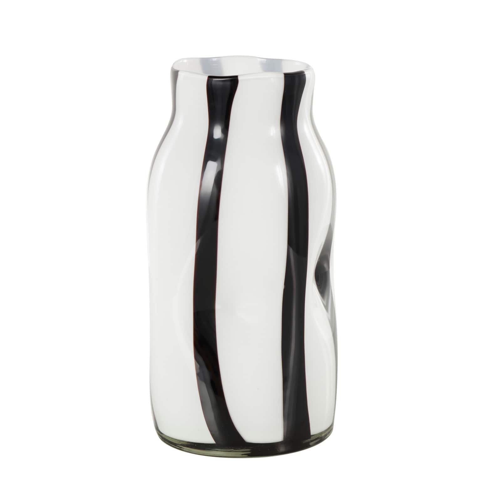 12" White & Black Stripes Round Concaved Glass Vase