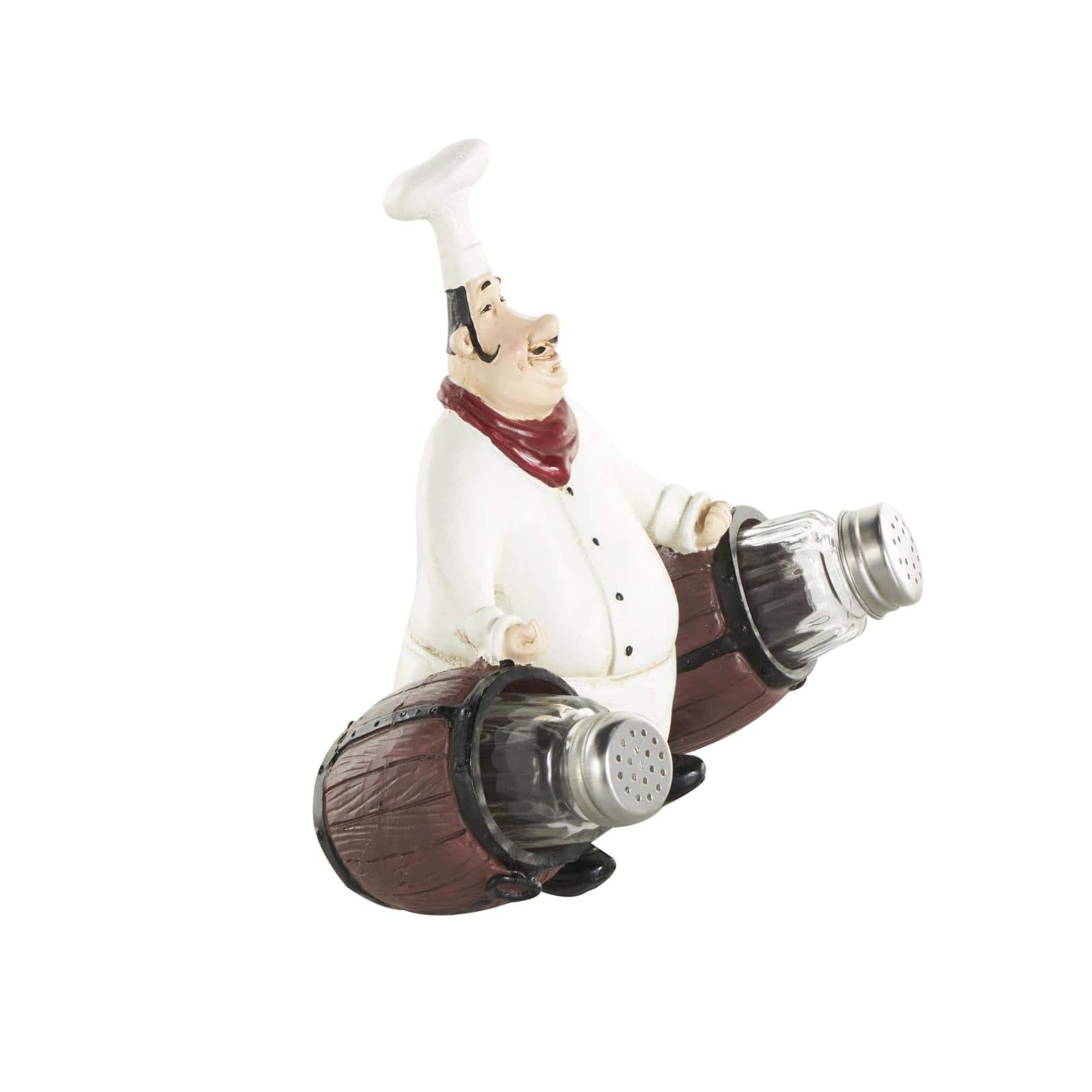 7.5" White Polystone Chef Figurine Salt & Pepper Shaker Holder with Wood Barrel Accents