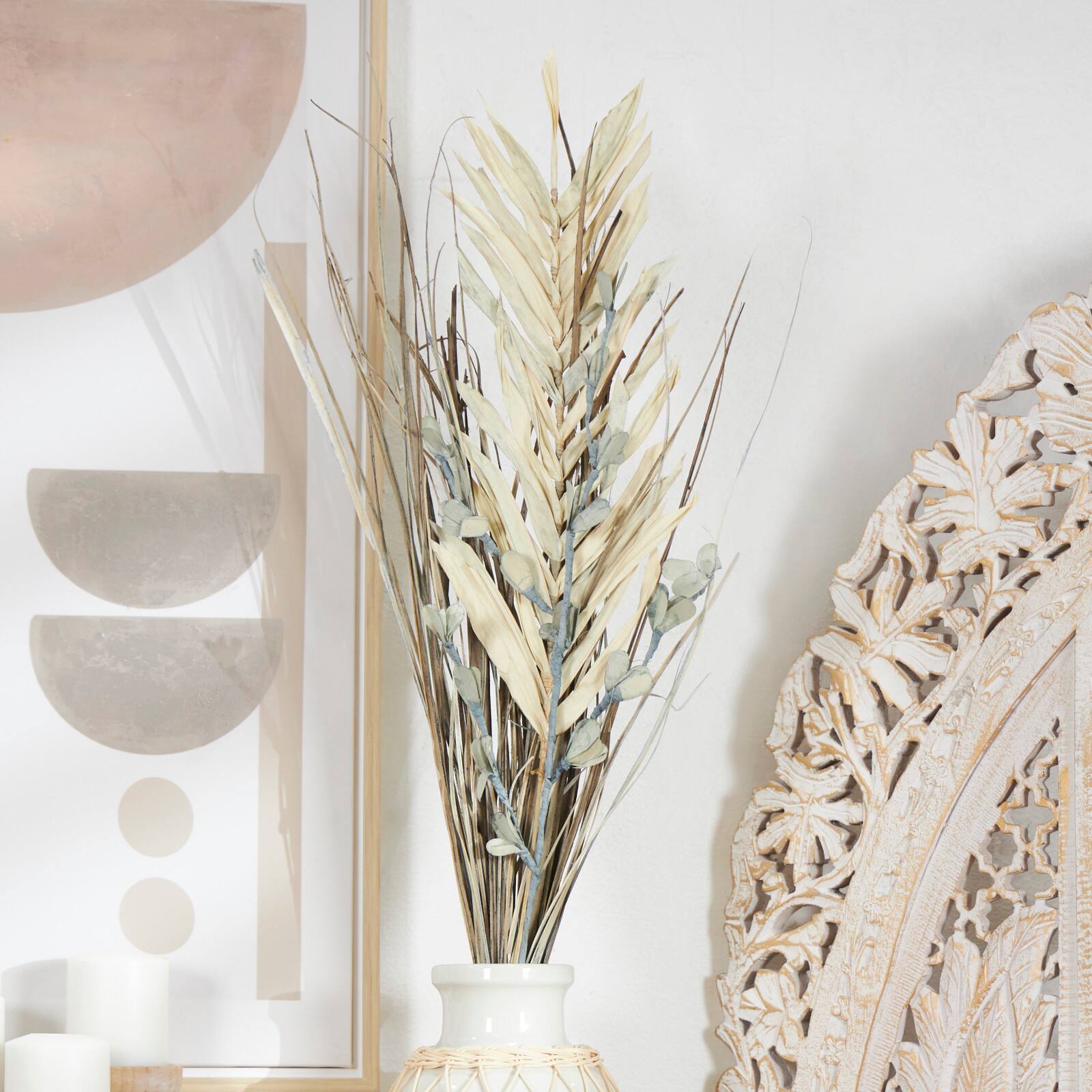 40" Beige & Gray Dried Plant Floral Grass Bouquet Palm Leaf Natural Foliage