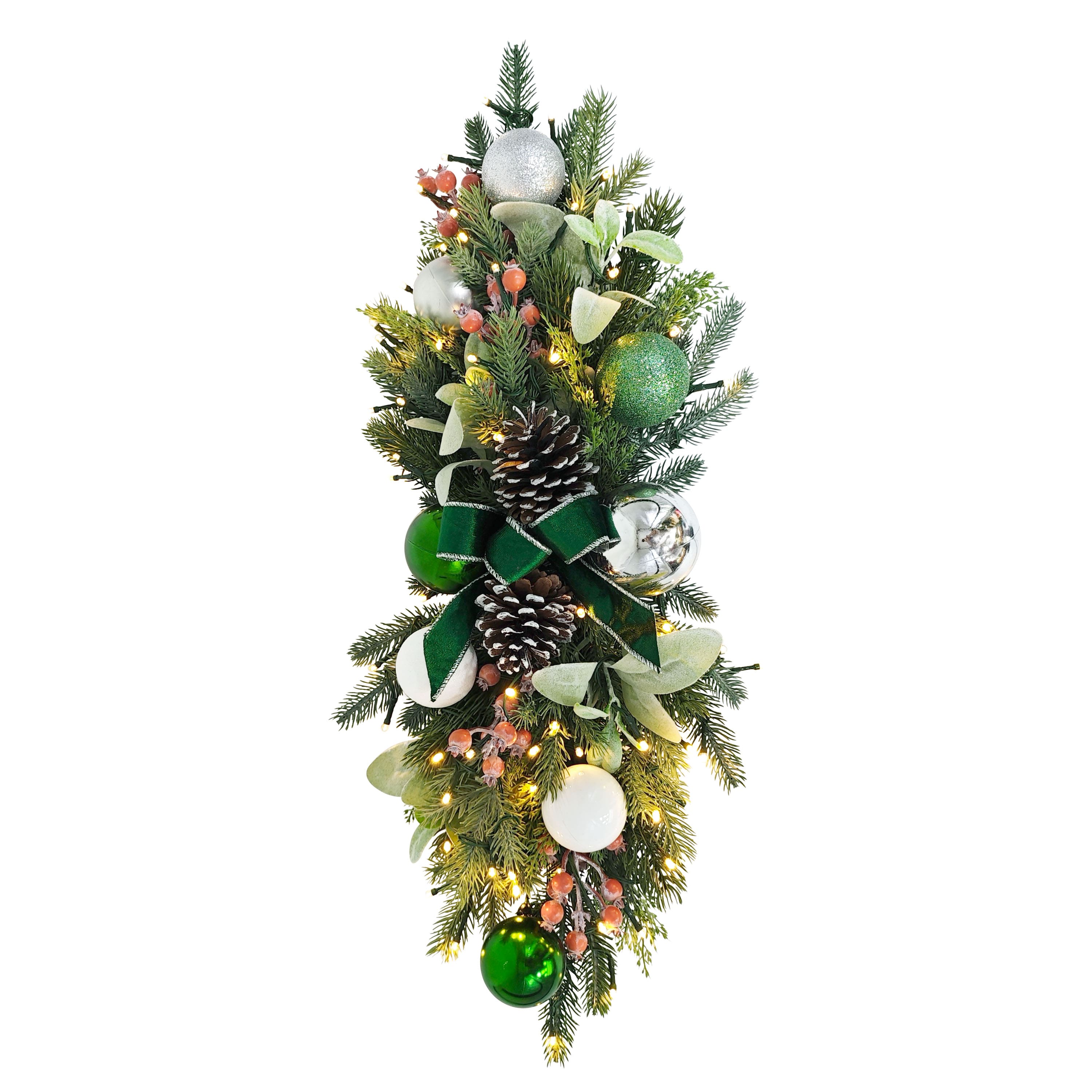 28" Pre-Lit Green & Silver Adorned Artificial Swag with Pinecones & Berries