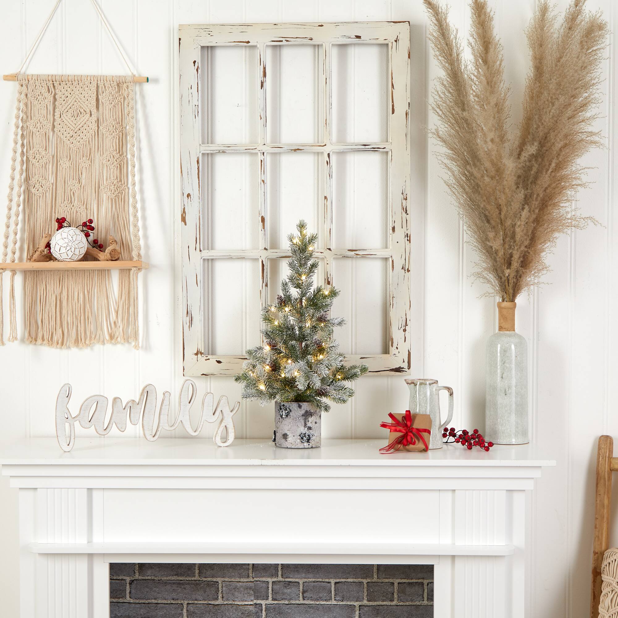 2ft. Pre-Lit Flocked Artificial Christmas Tree in Decorative Birch Bark Planter, LED Lights