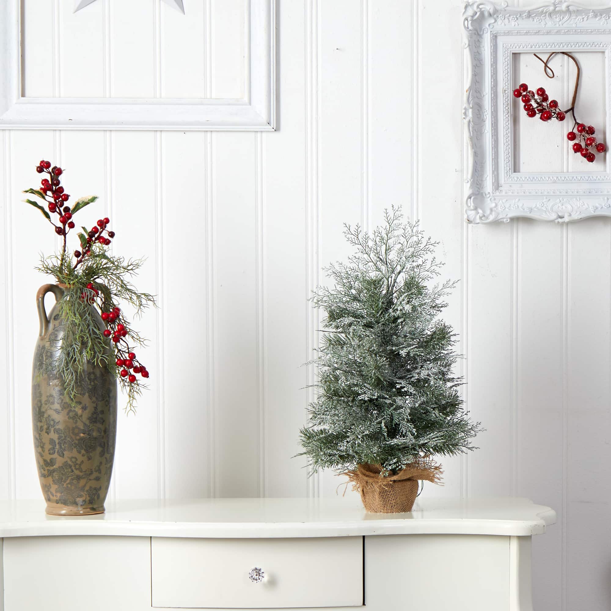 2ft. Pre-Lit Winter Frosted Artificial Christmas Tree in Burlap Base, Warm White LED Lights