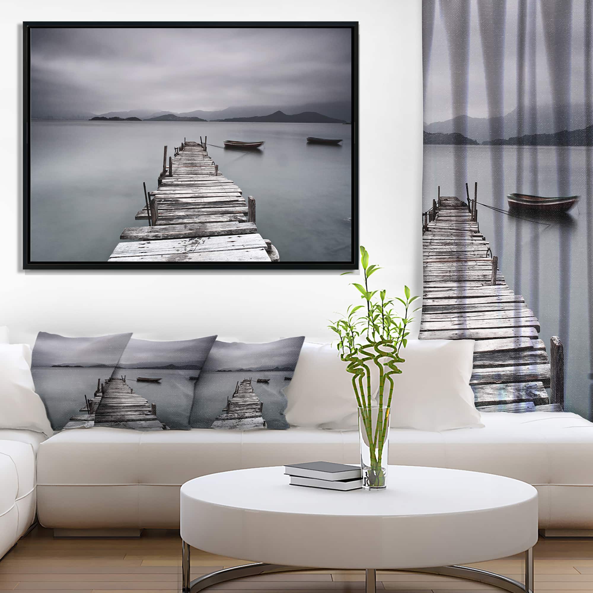 Designart - Pier and Boats at Seashore - Bridge Framed Canvas Art Print