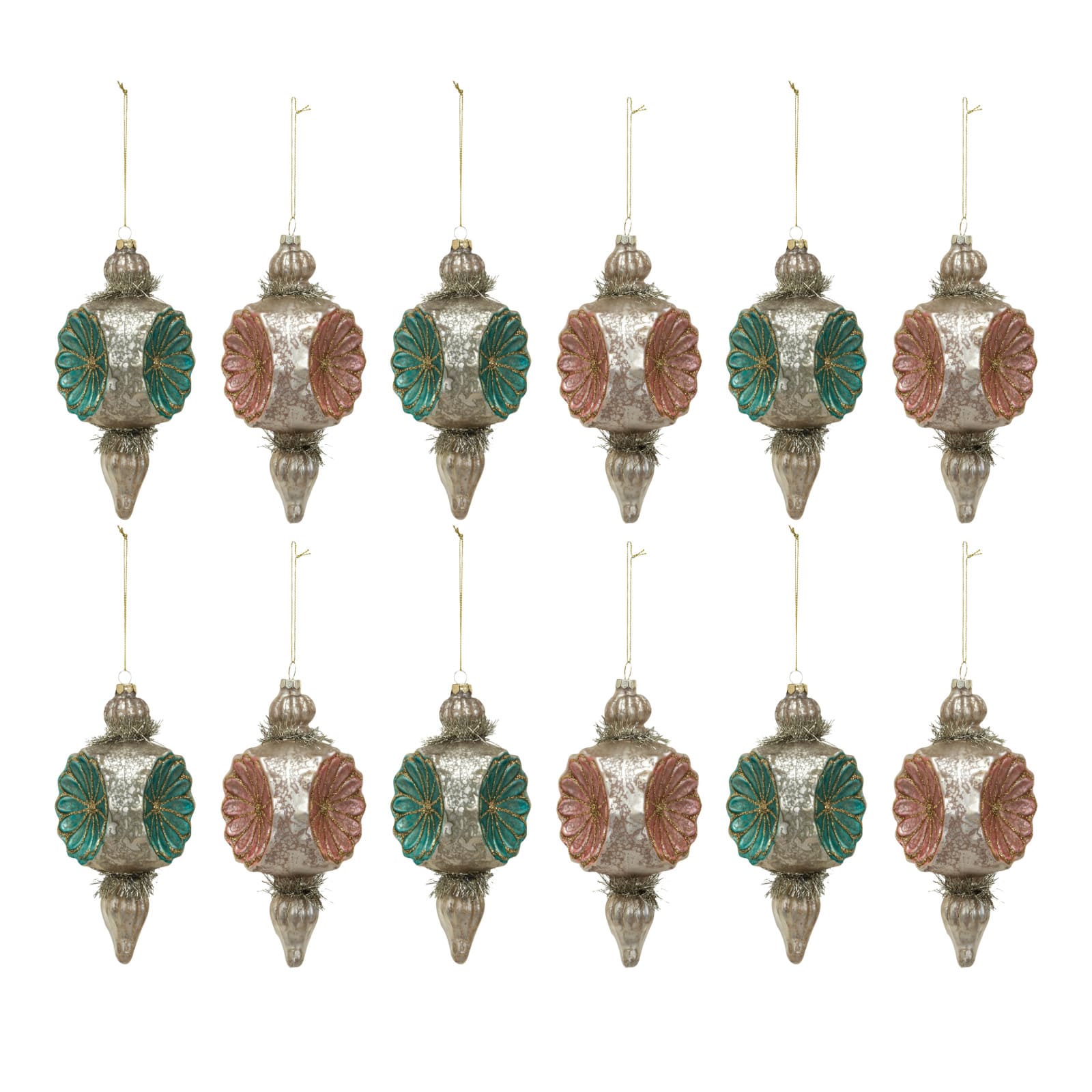 Hello Honey® 8 Pack 7" Mercury Glass Flowers, Tinsel & Glitter Finial Ornaments