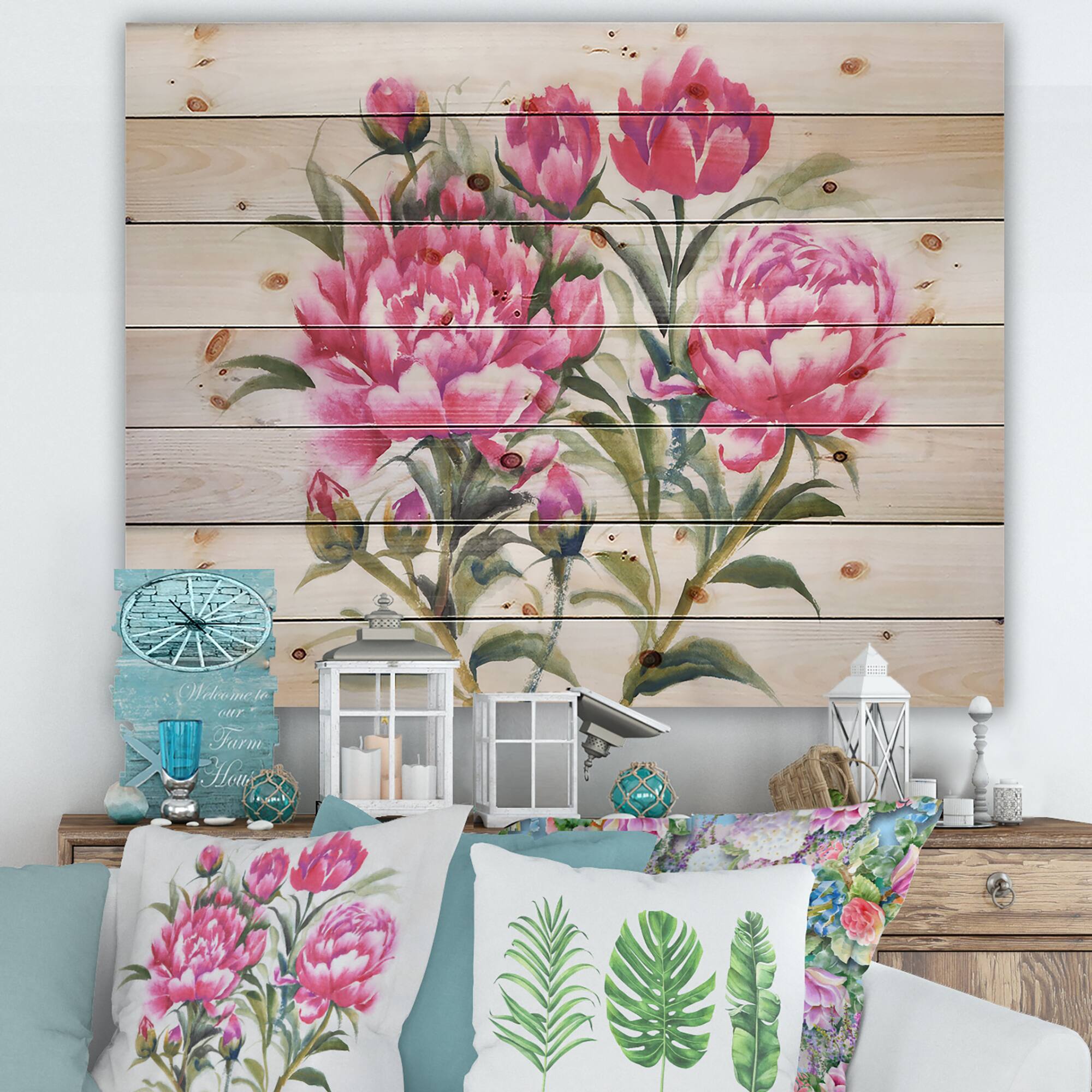 Designart - Purple Peonies Bush I - Traditional Print on Natural Pine Wood