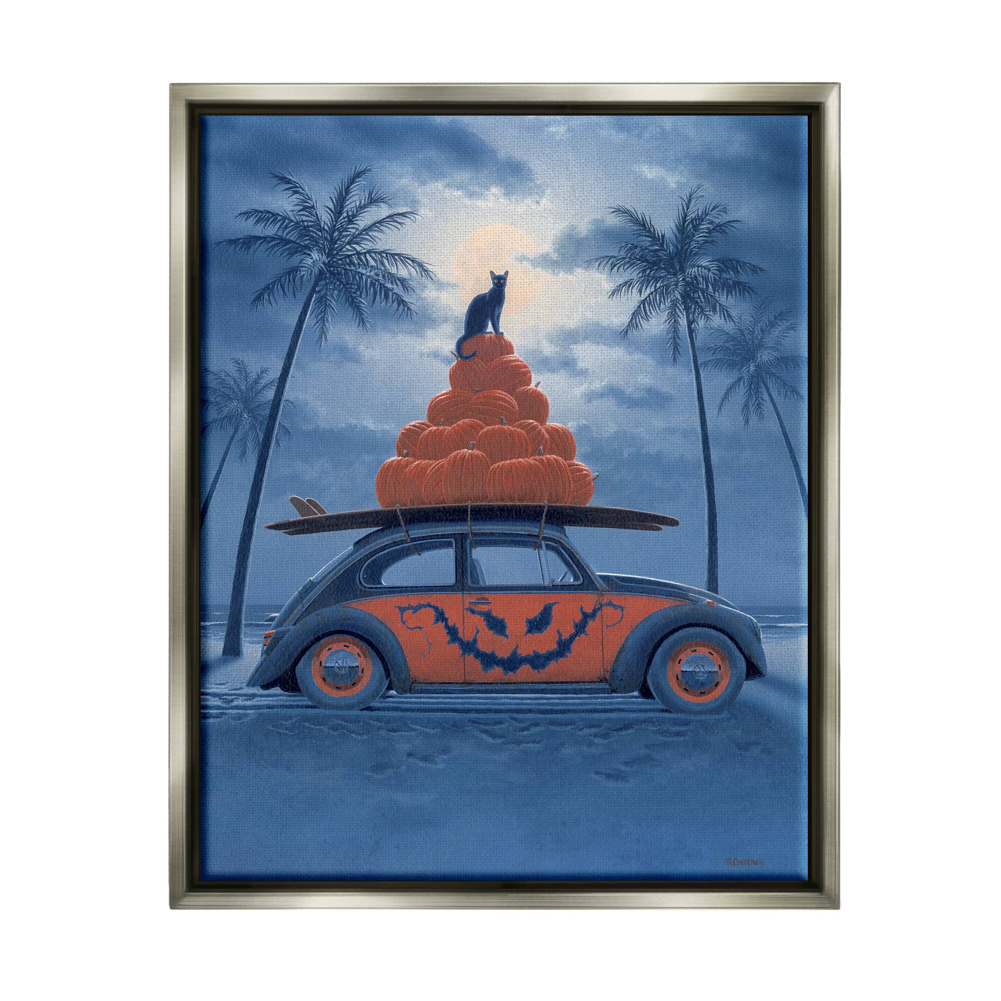 Stupell Industries Spooky Tropical Beach Pumpkin Car Framed Floater Canvas Wall Art