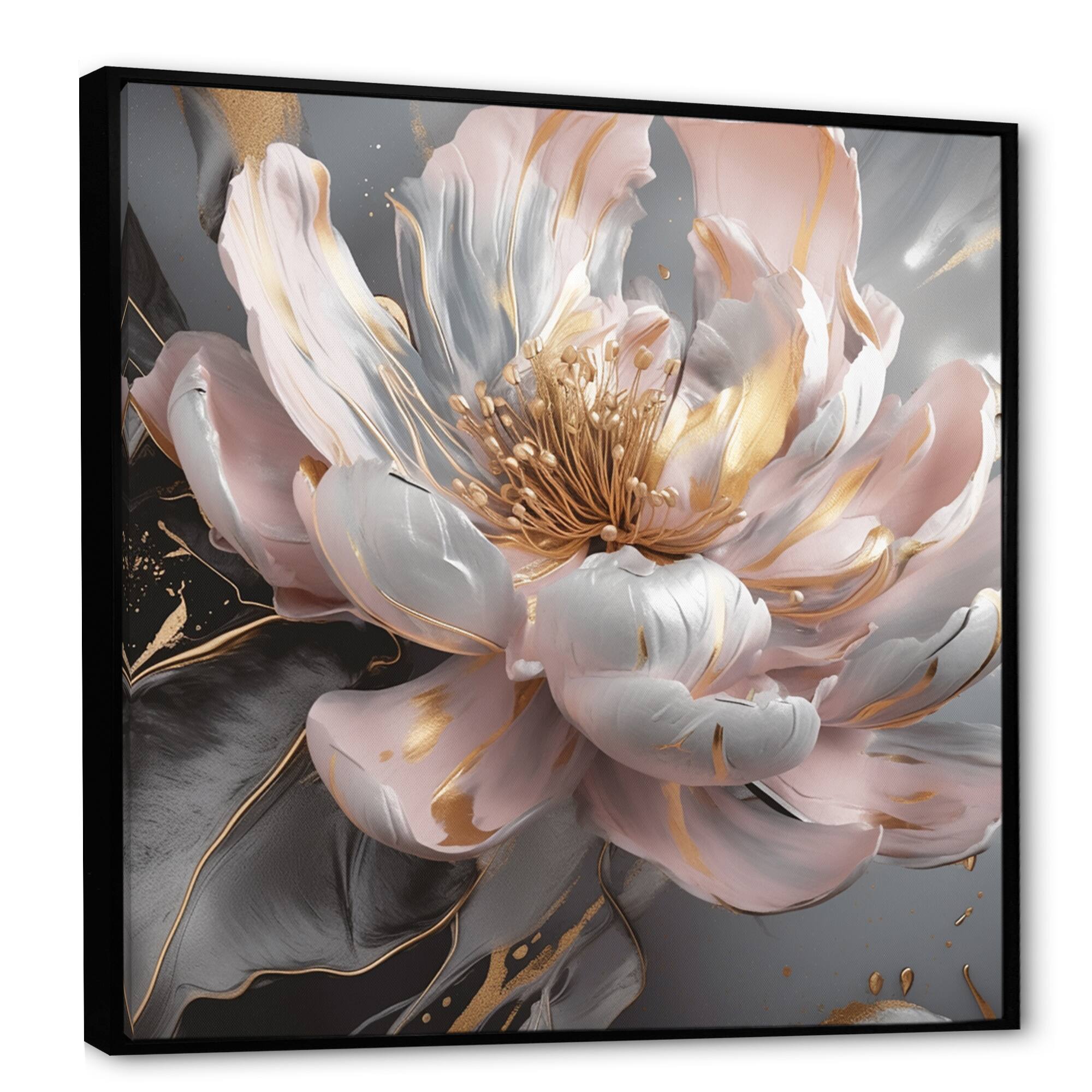 Designart "Marble Pink Gold Peony Flower Iii" Floral Peony Framed Canvas Print
