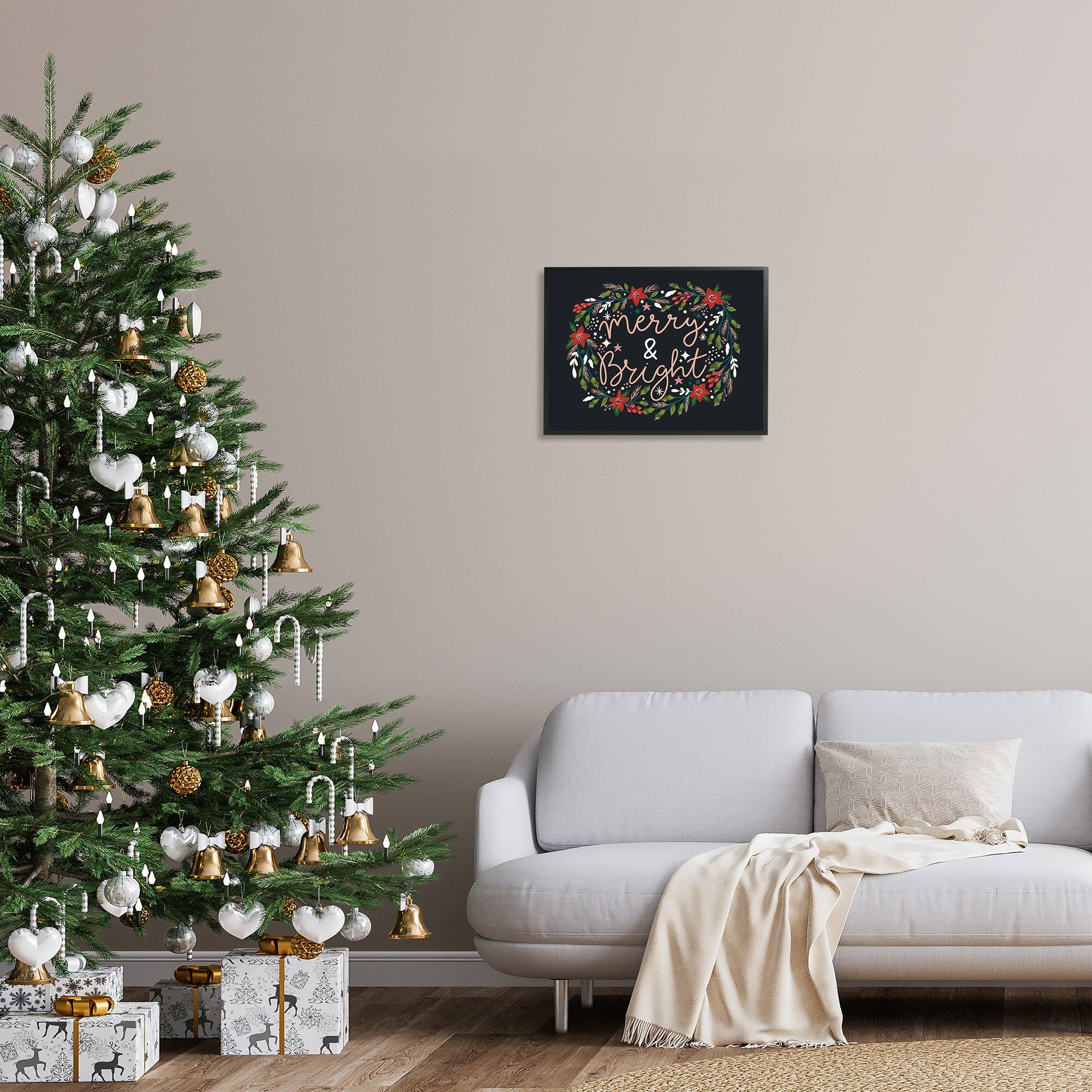 Stupell Industries Merry & Bright Poinsettia Wreath Framed Giclee Art