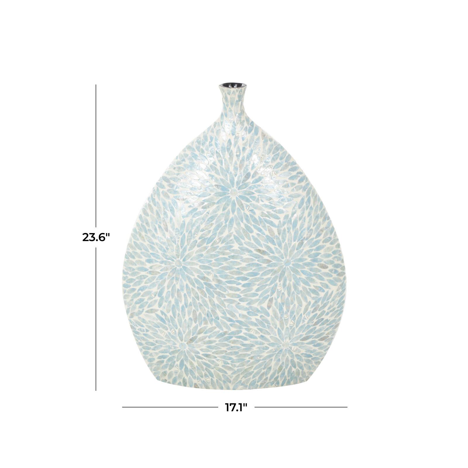 24" Light Blue Mother of Pearl Shell Floral Handmade Large Mosaic Vase with Cream Underlay