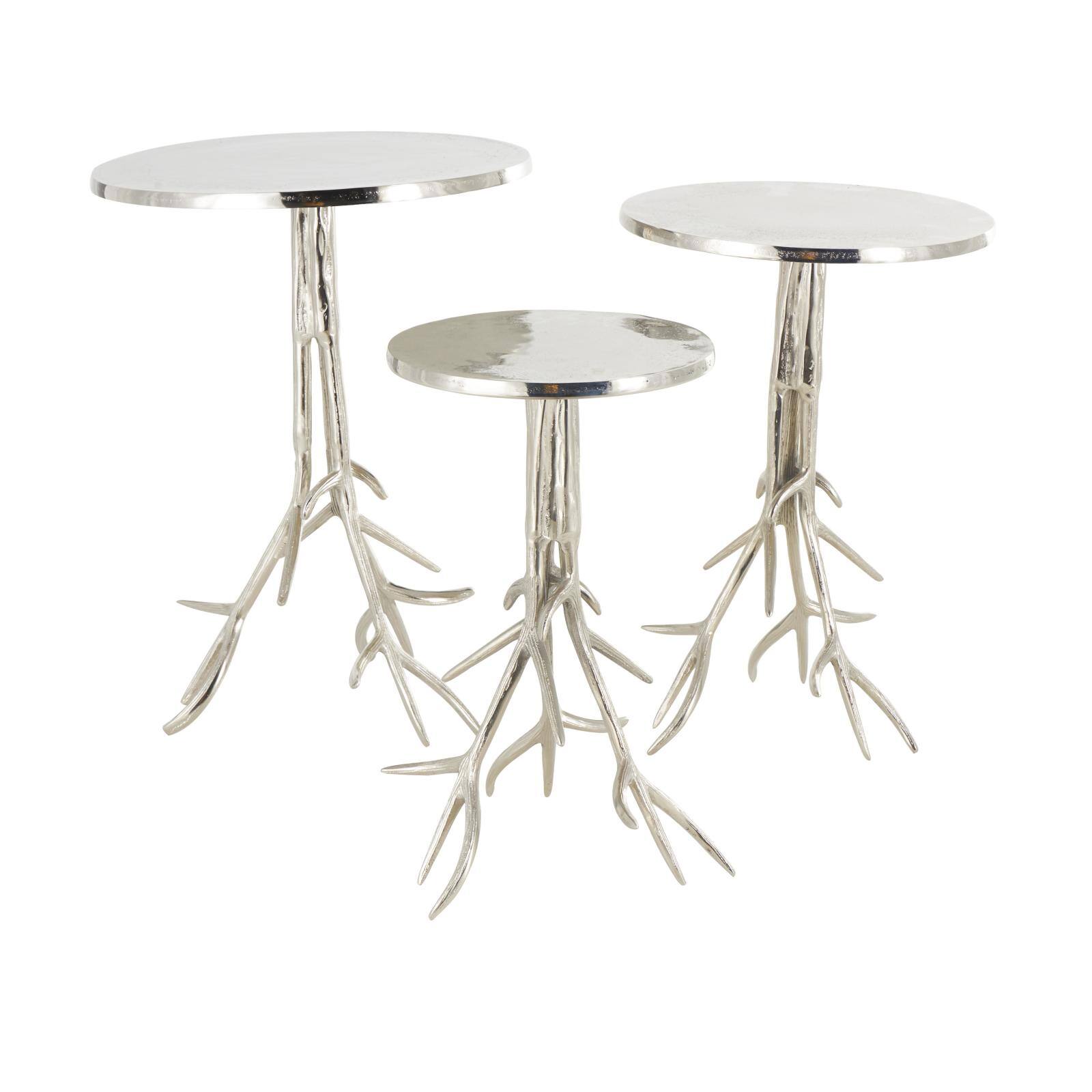 Silver Metal Side End Accent Table with Textured Tree Branch Legs Set