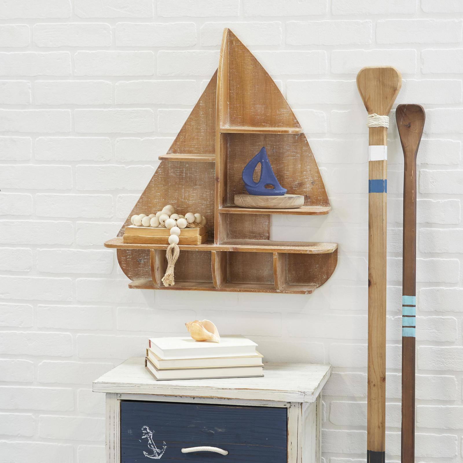 24" Brown Nautical Wood Wall Shelf