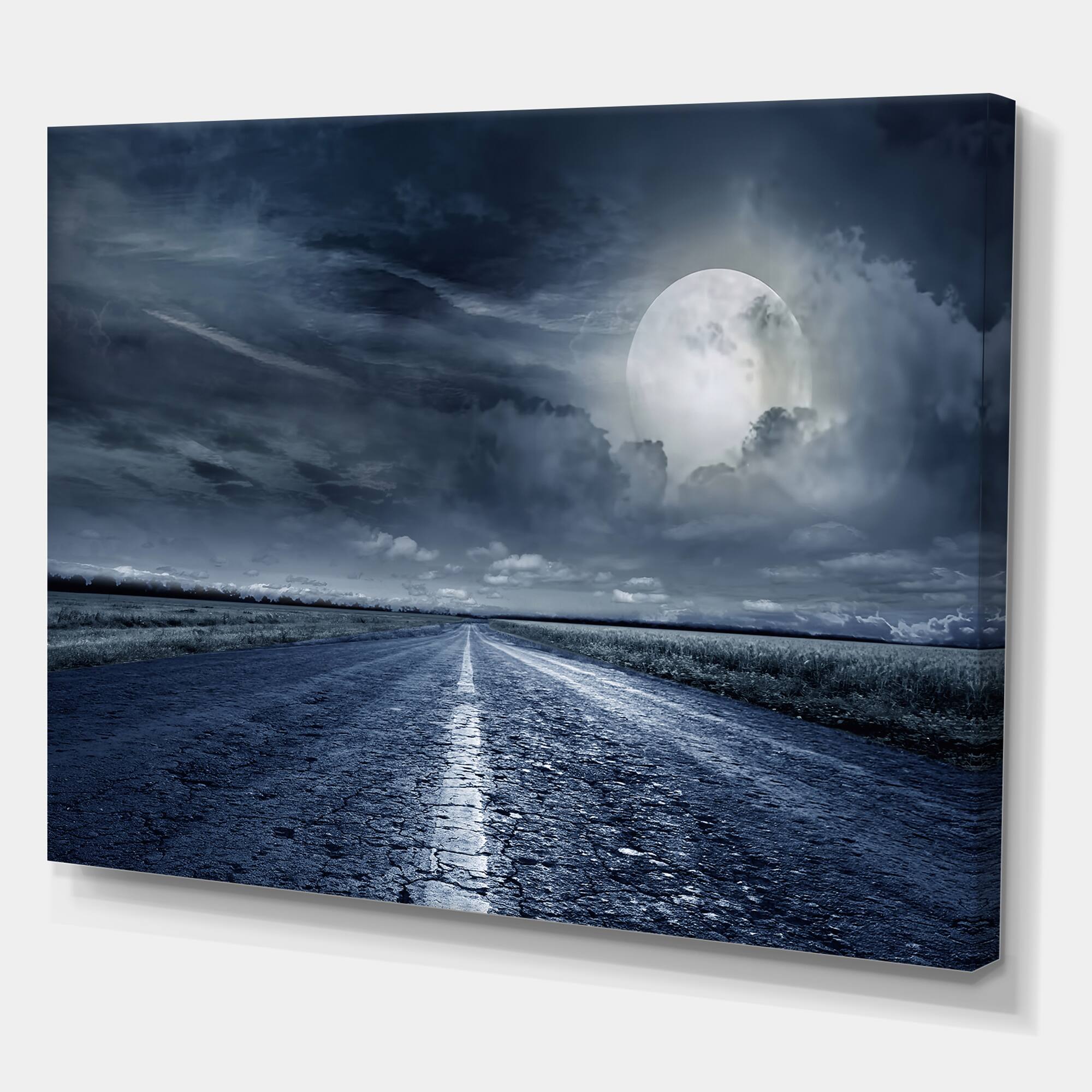 Designart - Asphalt Road Under Cloudy Full Moon II