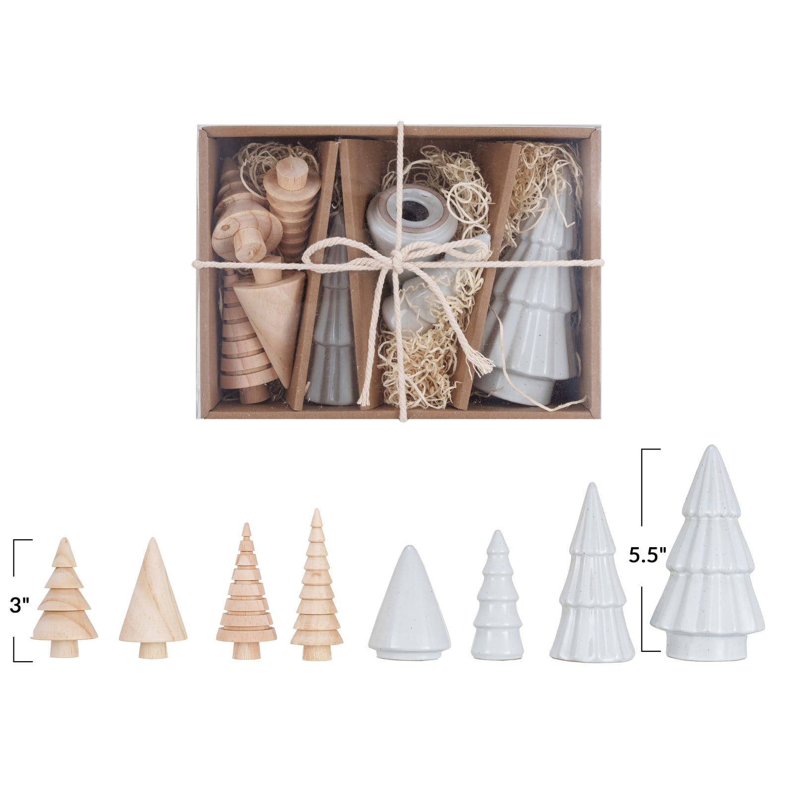 Hello Honey® White & Natural Stoneware & Wood Christmas Trees Set